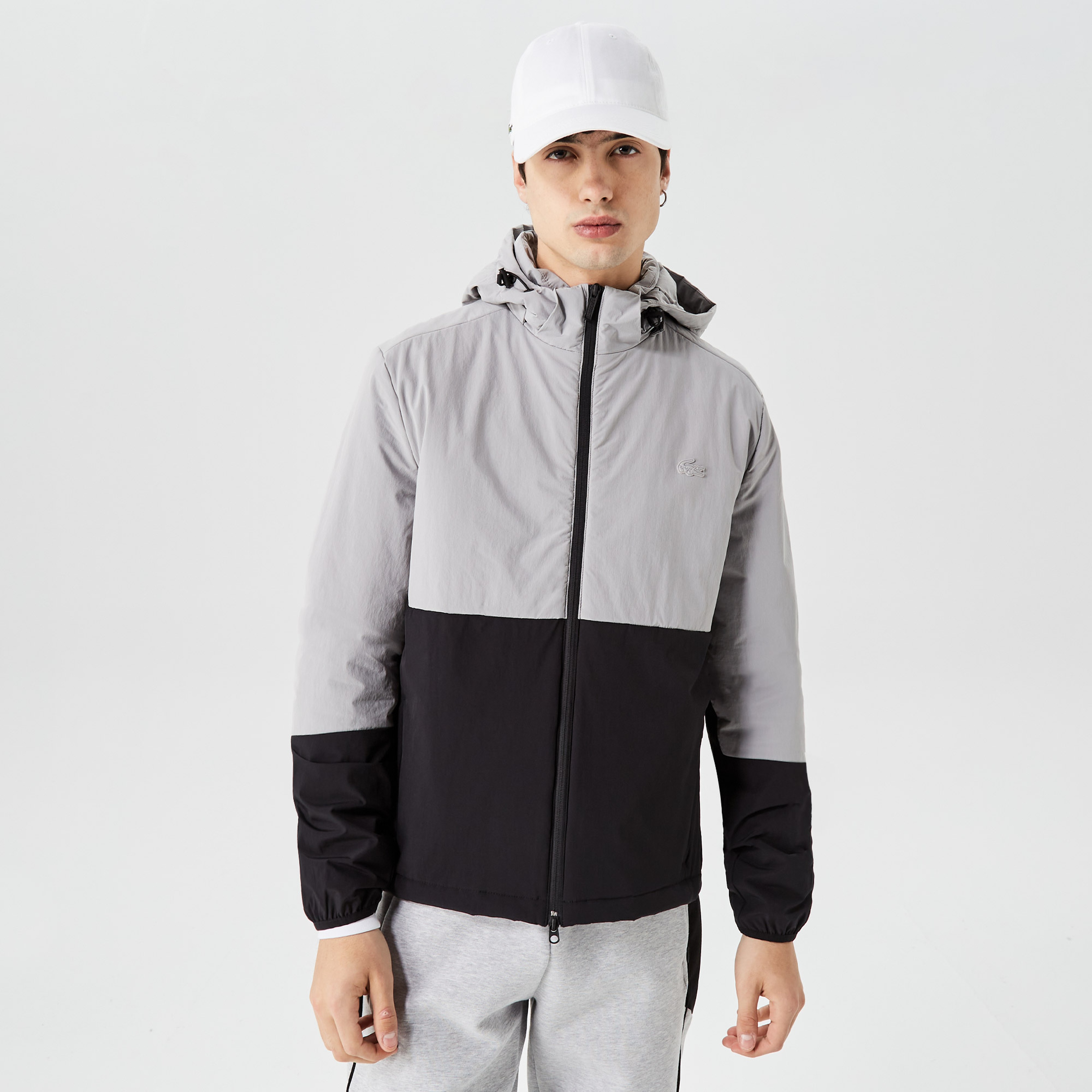 Erkek Kapüşonlu Renk Bloklu Gri Mont