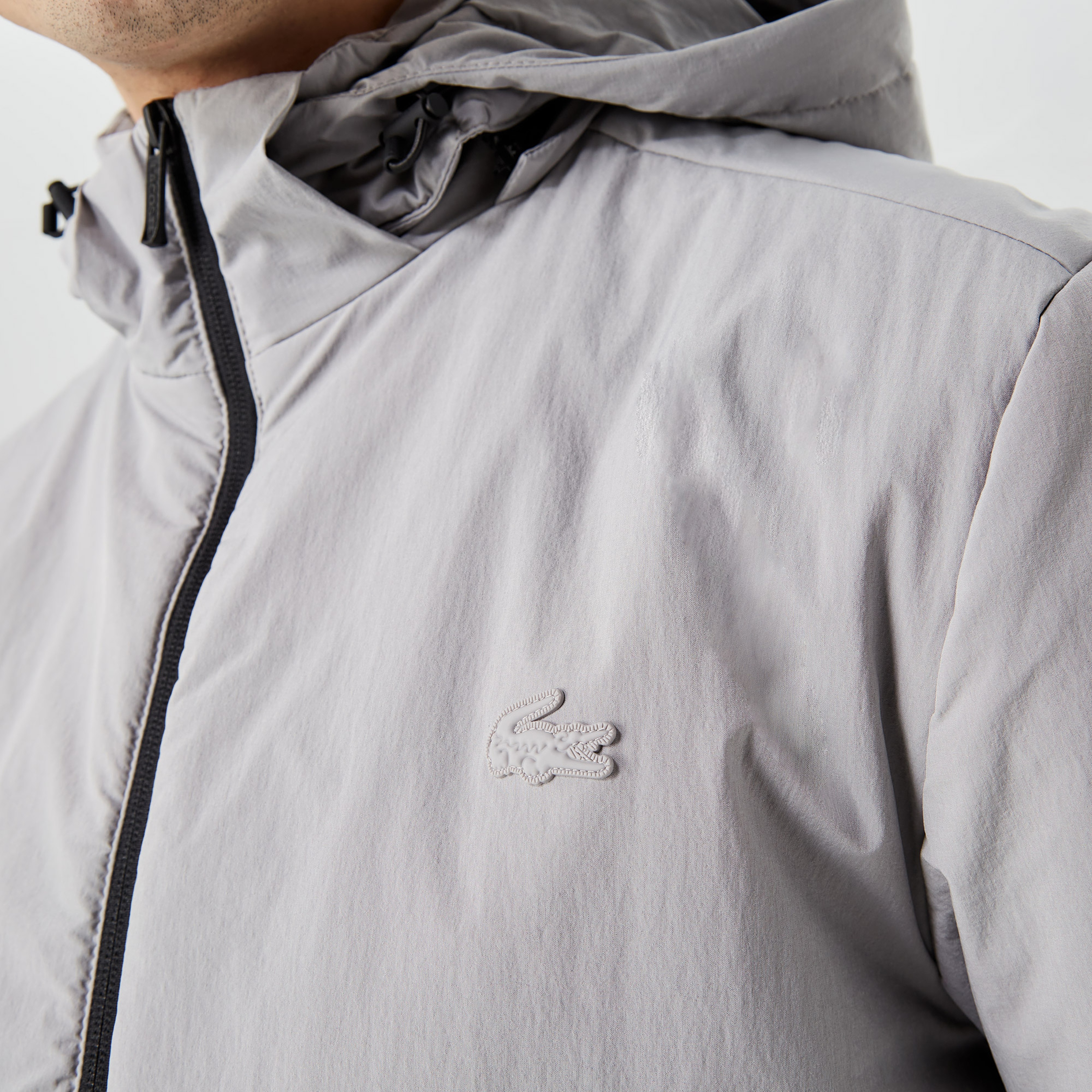 Erkek Kapüşonlu Renk Bloklu Gri Mont