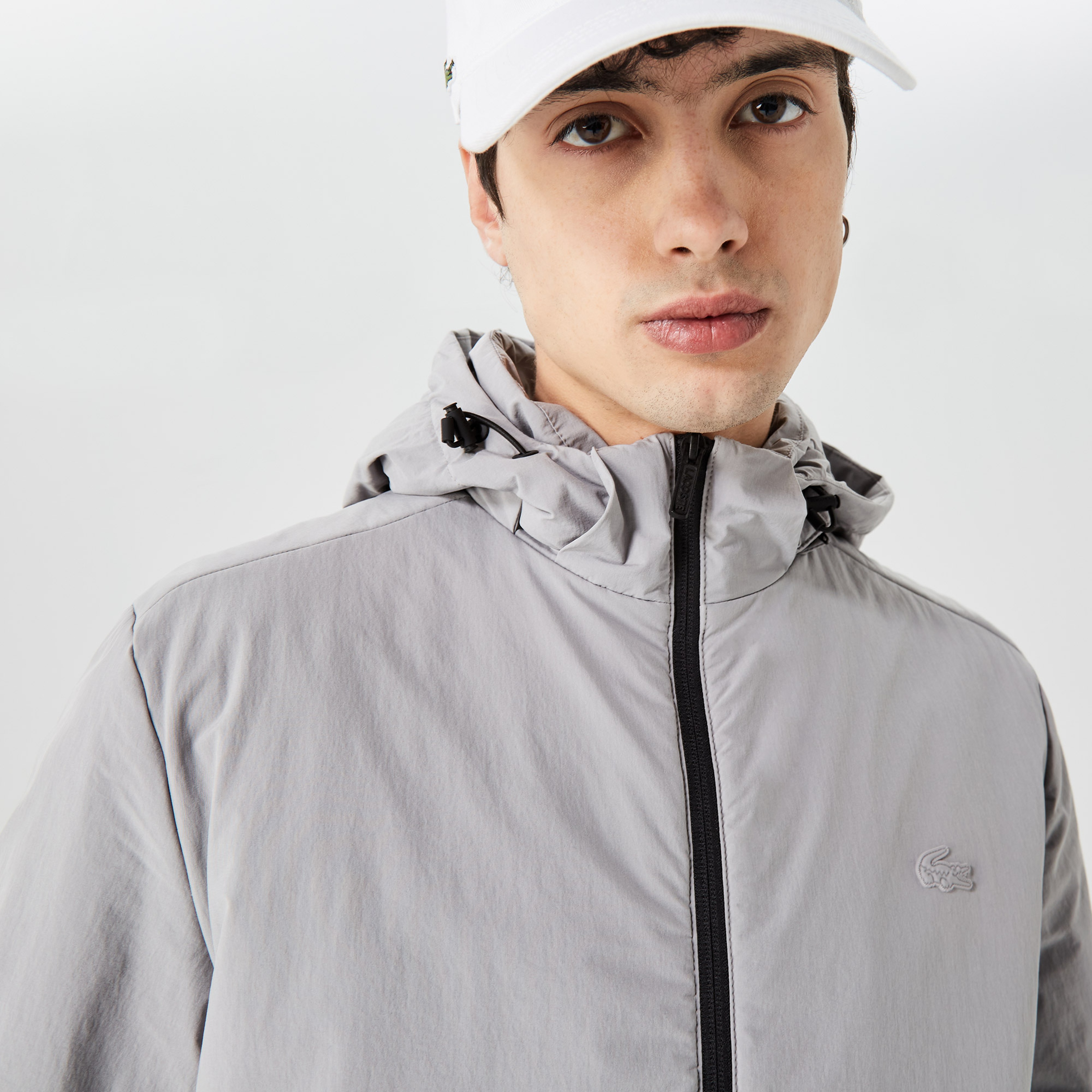 Erkek Kapüşonlu Renk Bloklu Gri Mont