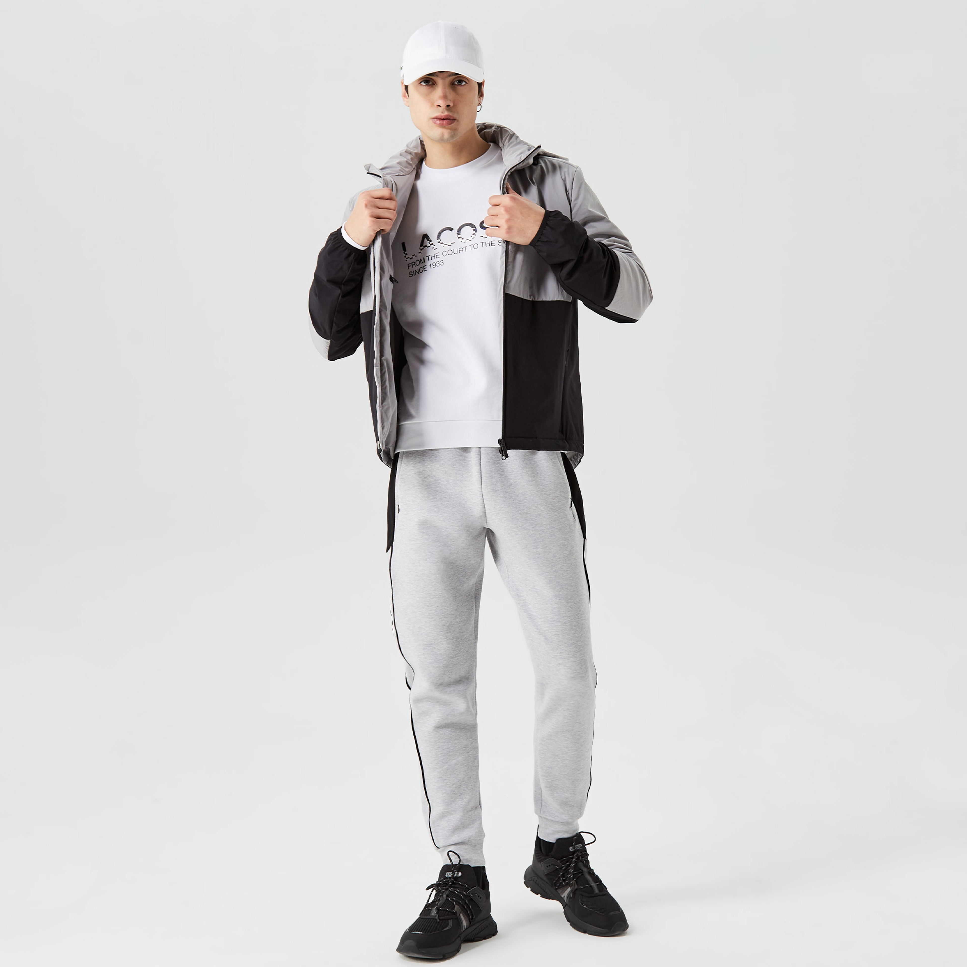 Erkek Kapüşonlu Renk Bloklu Gri Mont