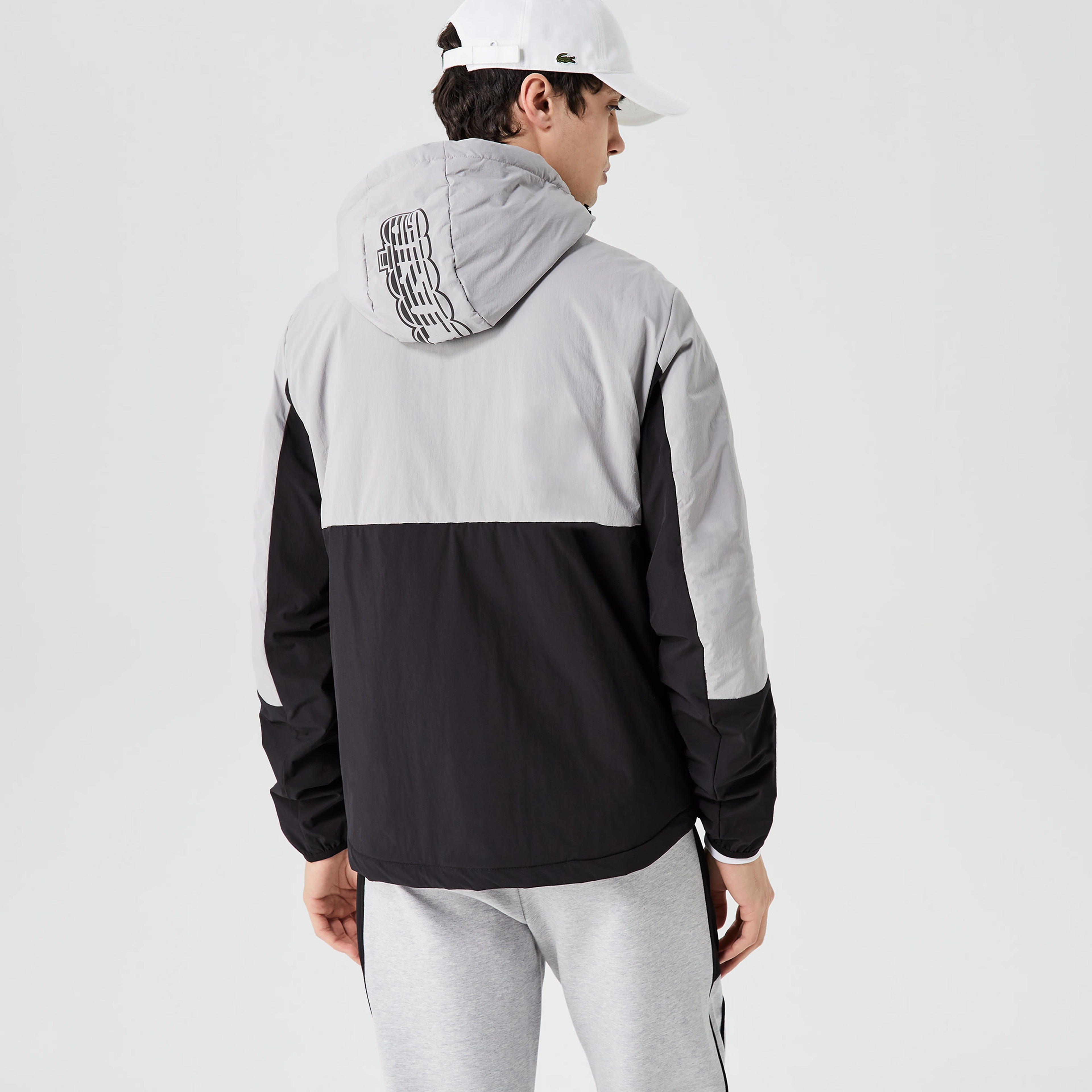 Erkek Kapüşonlu Renk Bloklu Gri Mont