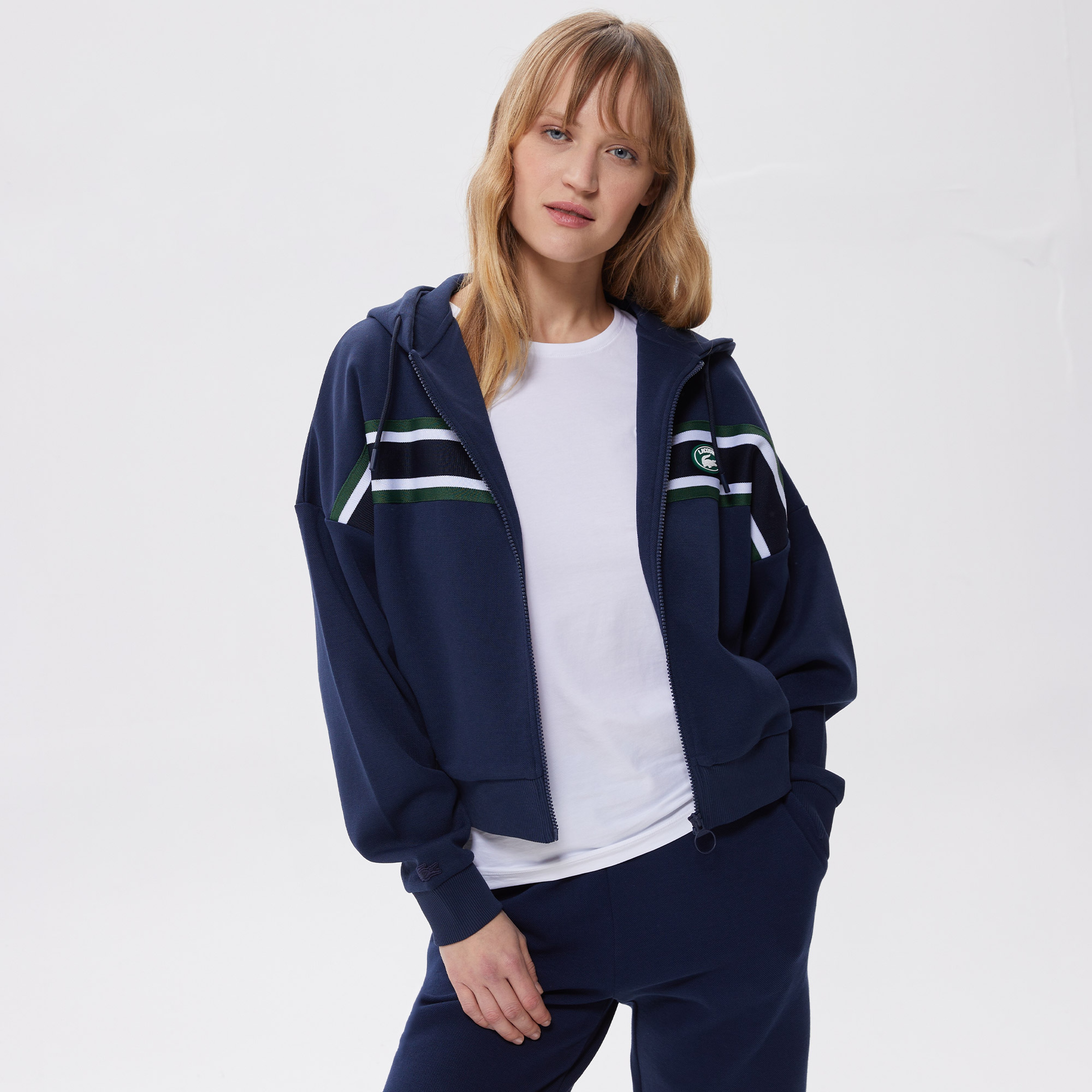 Kadın Slim Fit Kapüşonlu Renk Bloklu Lacivert Sweatshirt