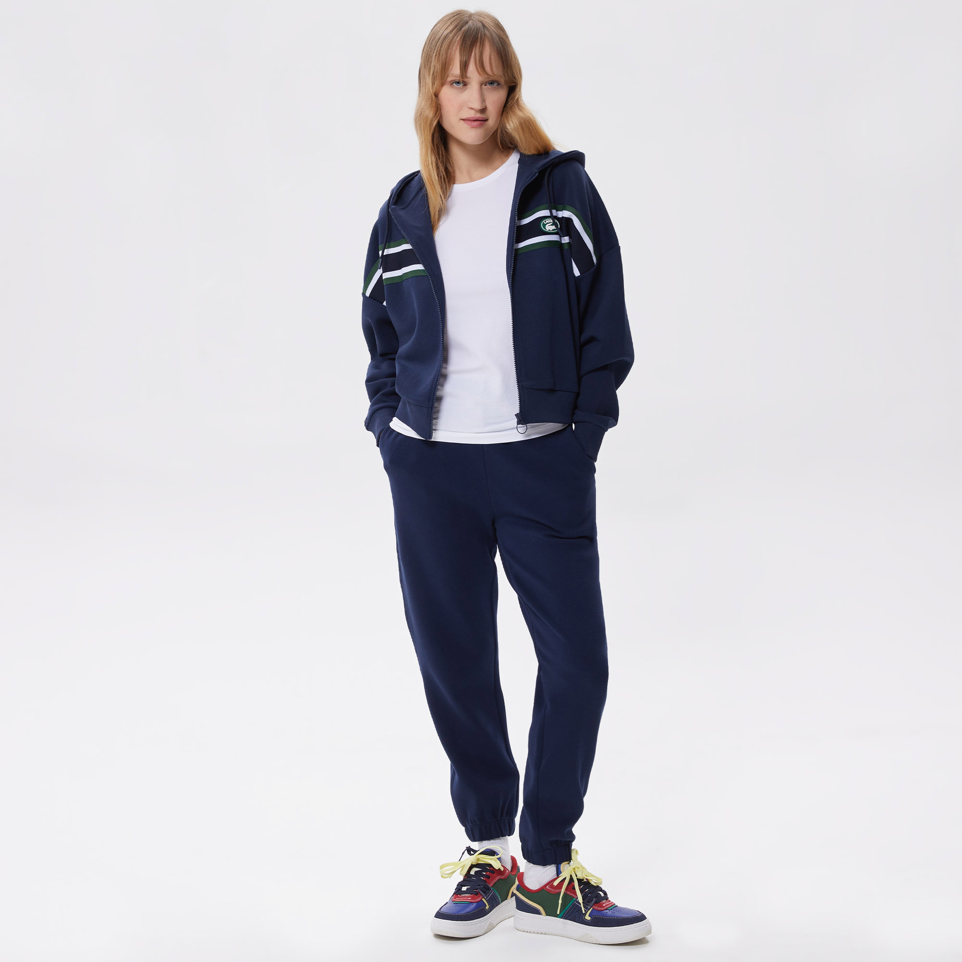 Kadın Slim Fit Kapüşonlu Renk Bloklu Lacivert Sweatshirt