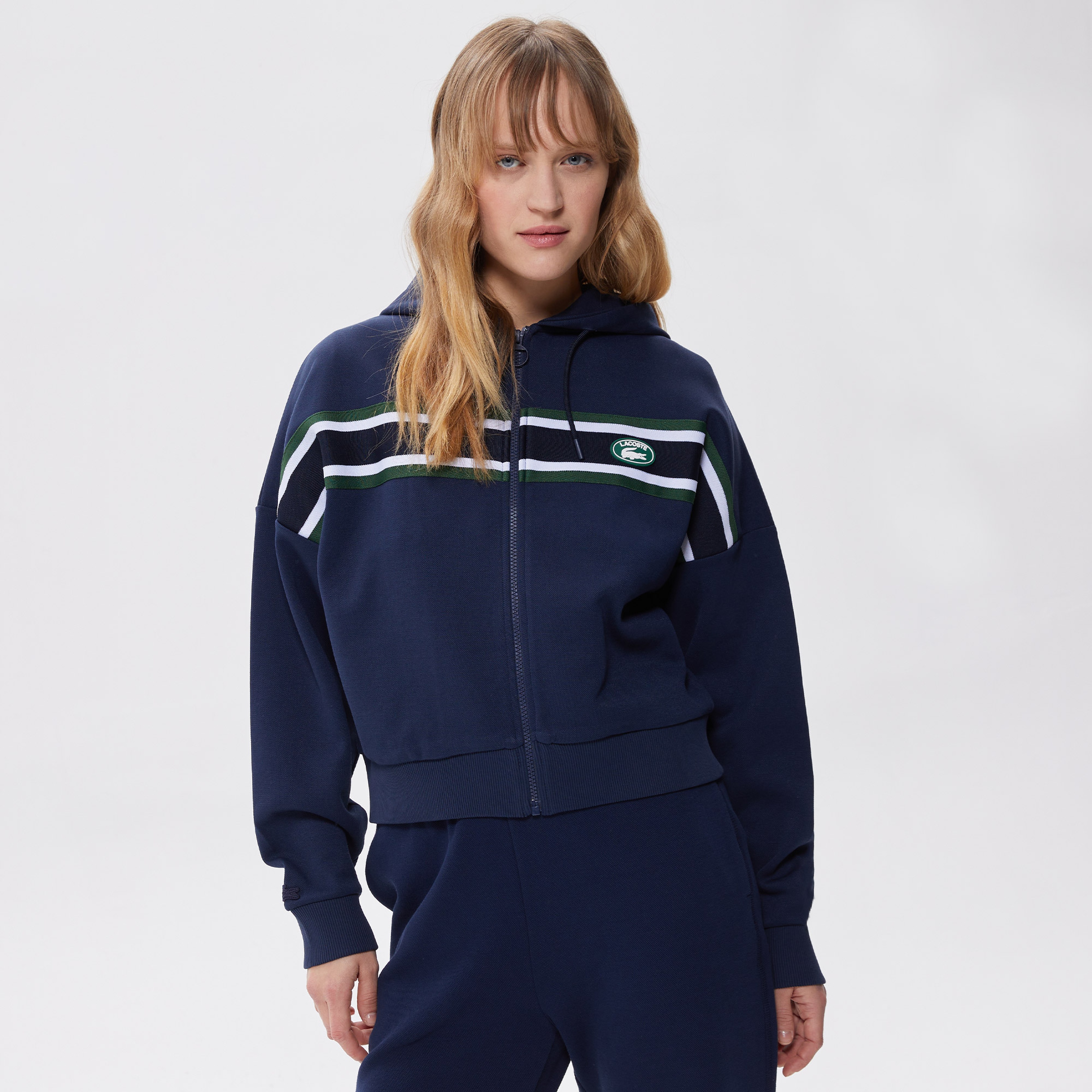 Kadın Slim Fit Kapüşonlu Renk Bloklu Lacivert Sweatshirt