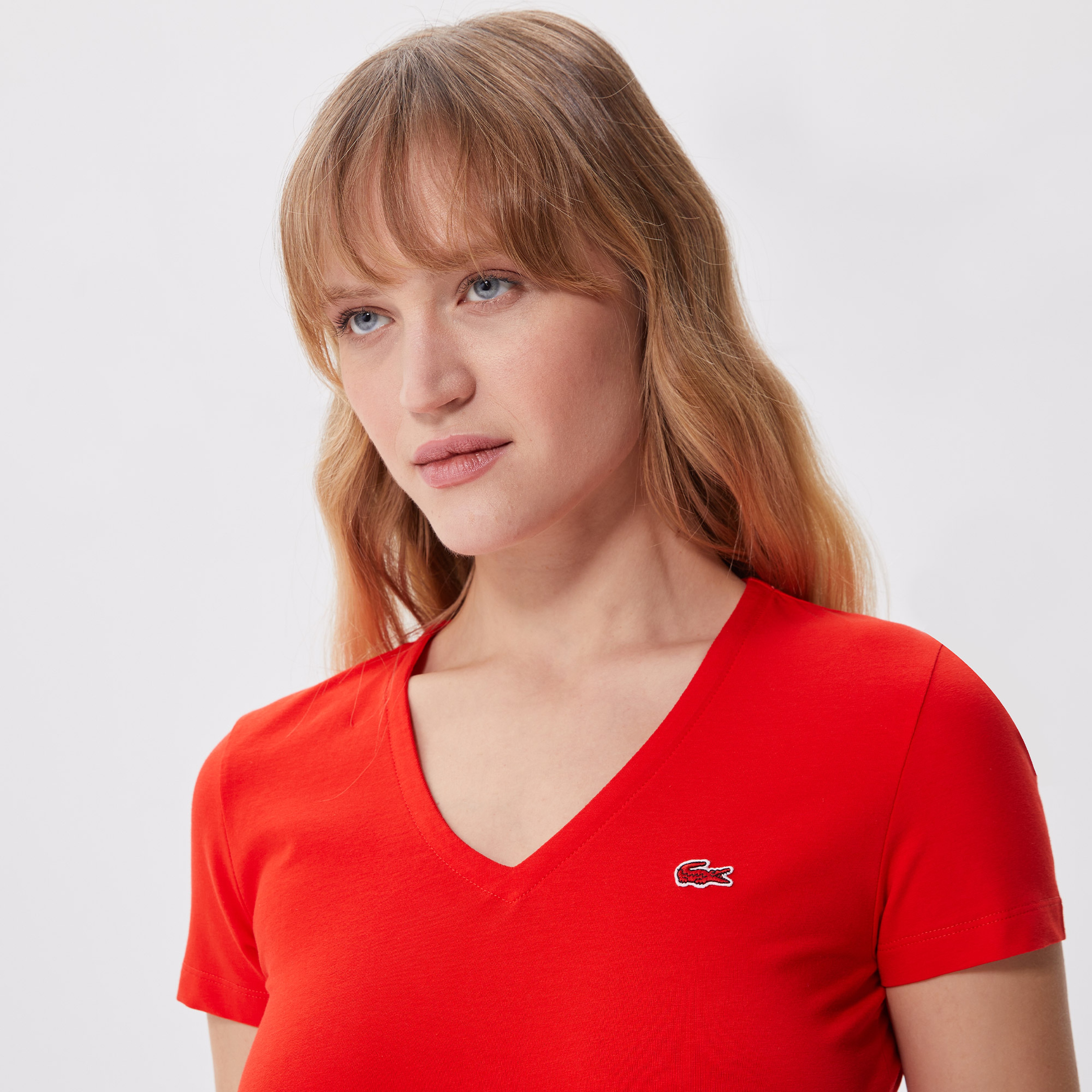 Lacoste Kadın Slim Fit V Yaka Kırmızı T-Shirt
