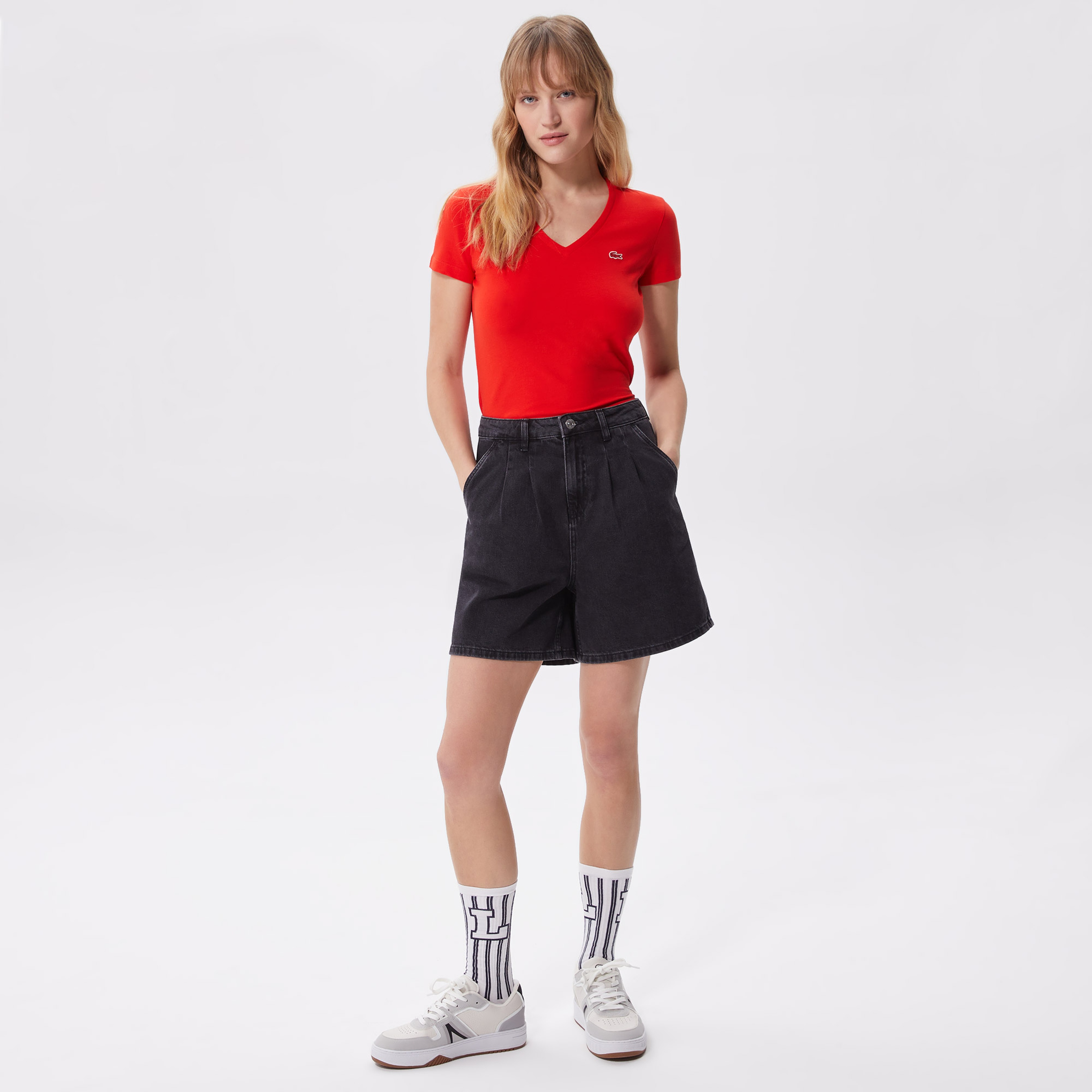 Lacoste Kadın Slim Fit V Yaka Kırmızı T-Shirt
