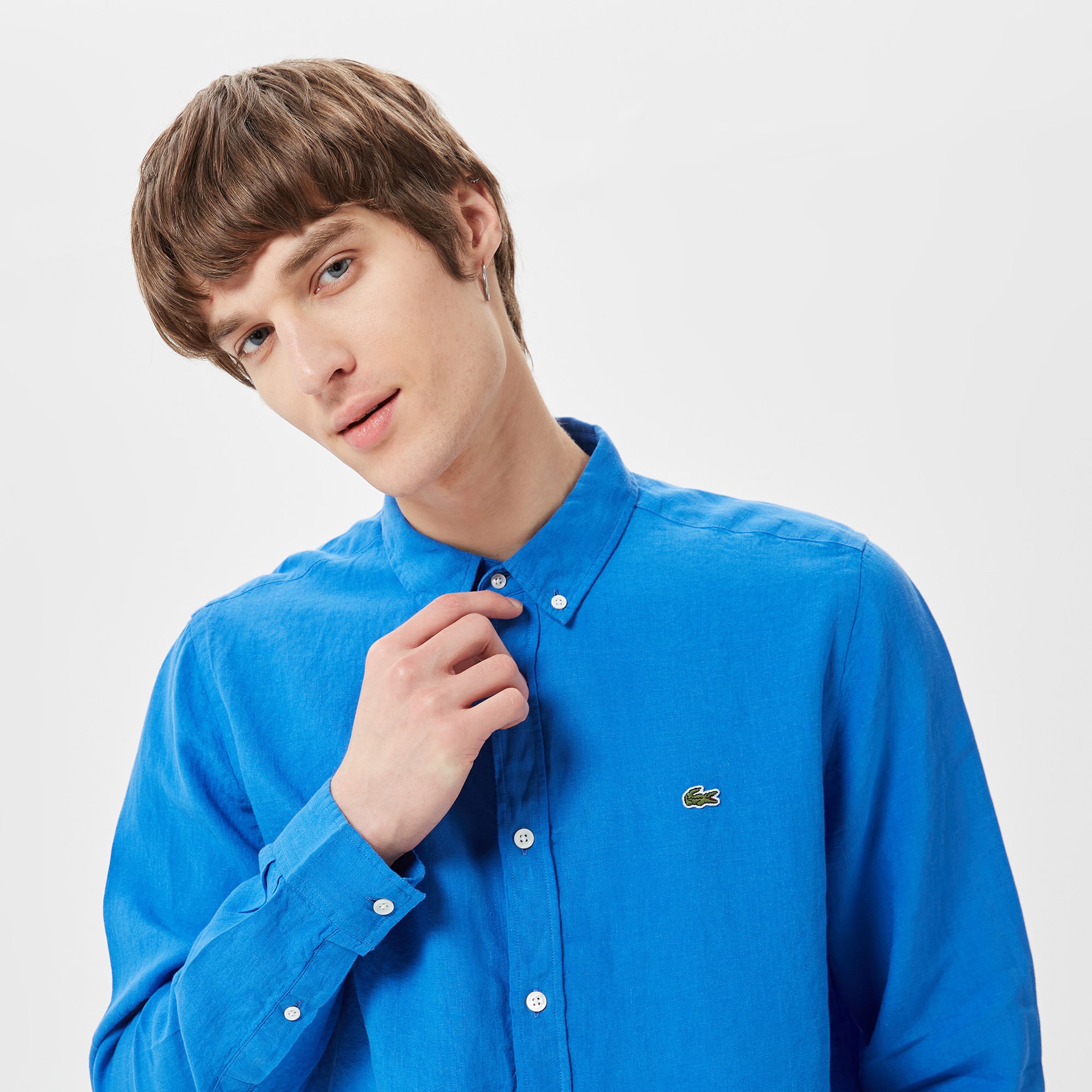 Lacoste Erkek Regular Fit Düğmeli Yaka Keten Mavi Gömlek