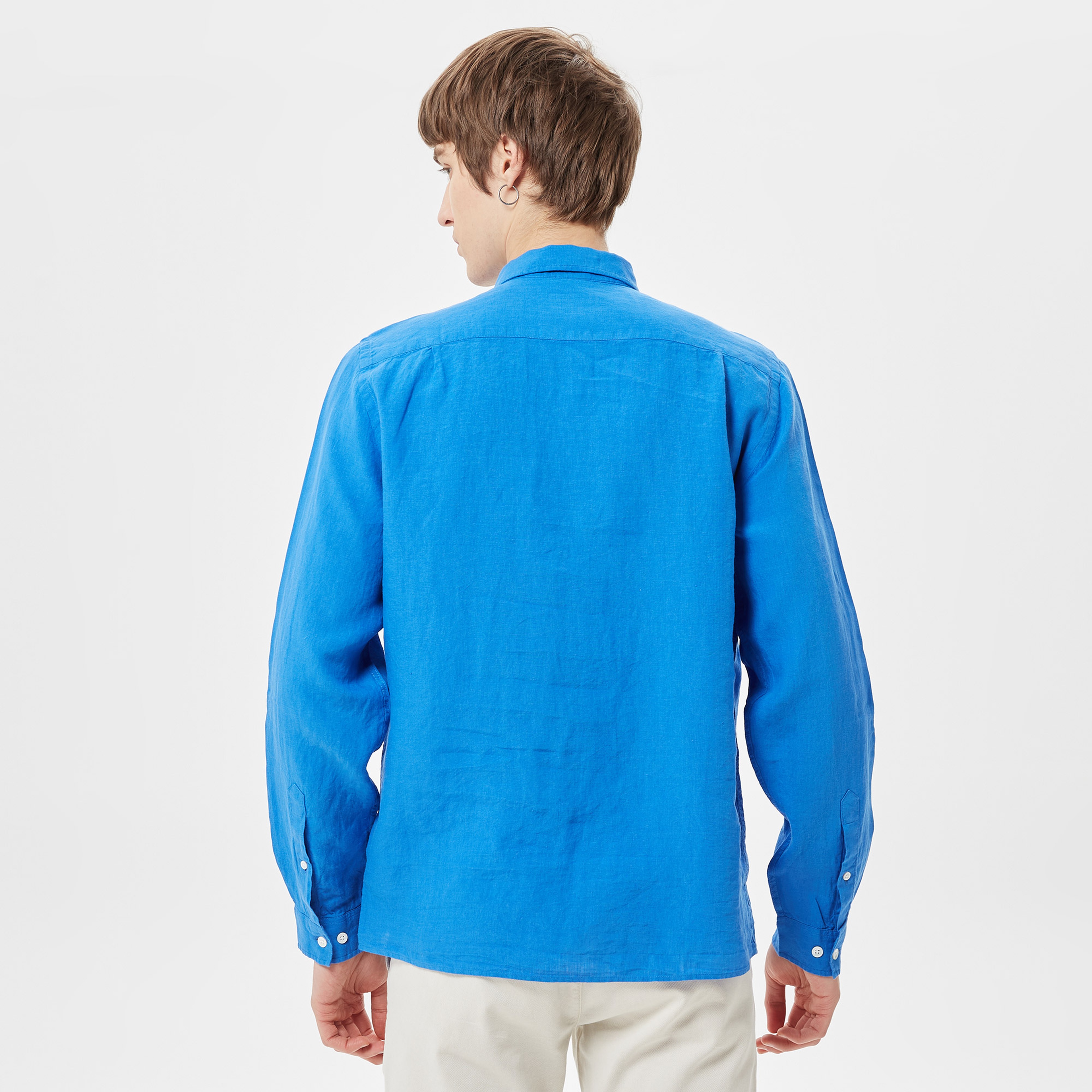 Lacoste Erkek Regular Fit Düğmeli Yaka Keten Mavi Gömlek