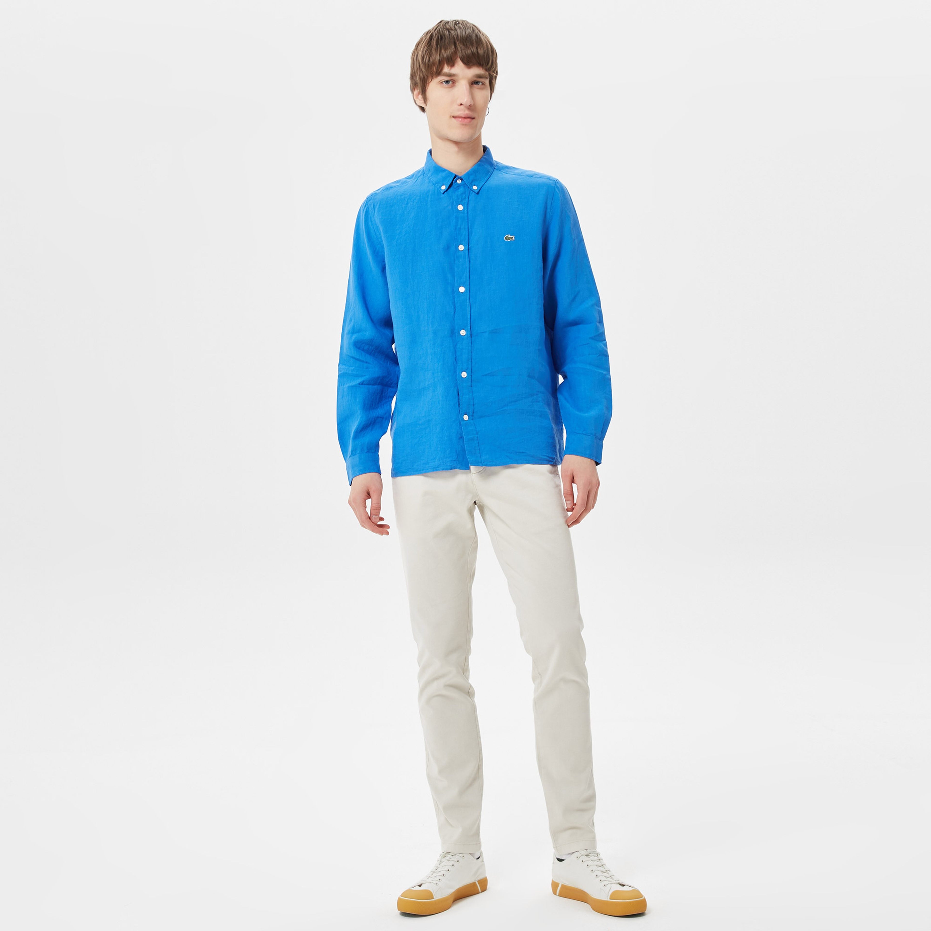 Lacoste Erkek Regular Fit Düğmeli Yaka Keten Mavi Gömlek