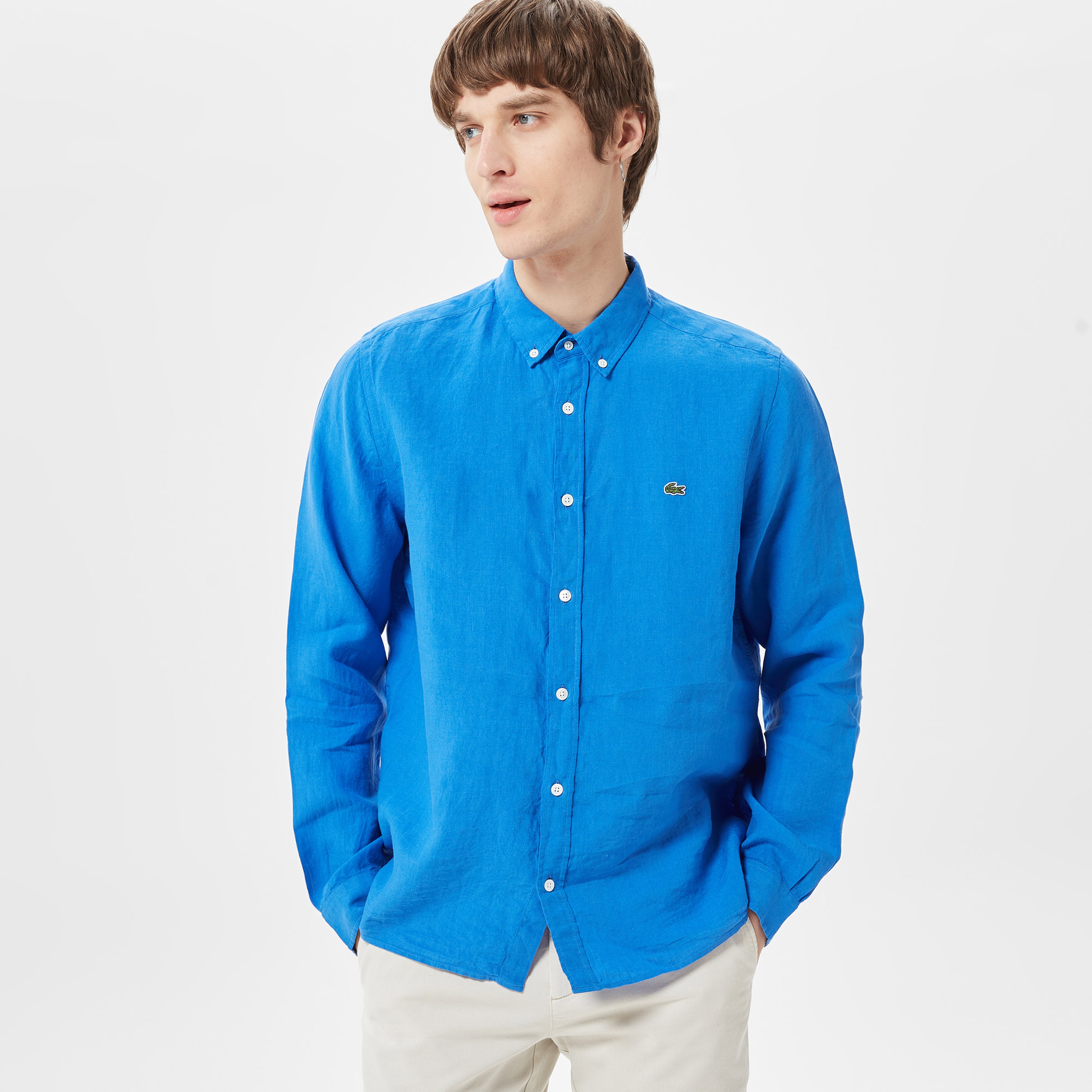 Lacoste Erkek Regular Fit Düğmeli Yaka Keten Mavi Gömlek