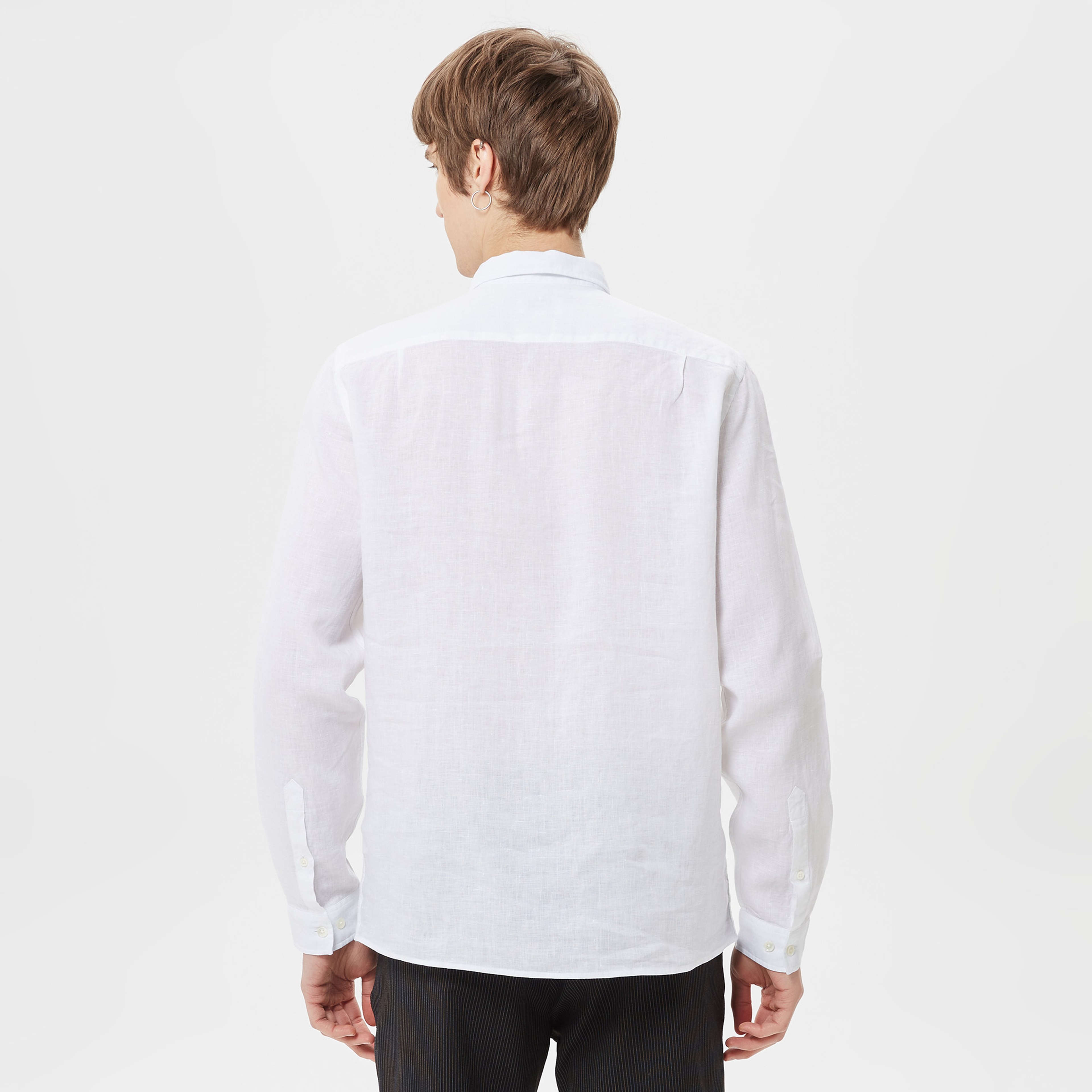 Erkek Regular Fit Düğmeli Yaka Keten Beyaz Gömlek