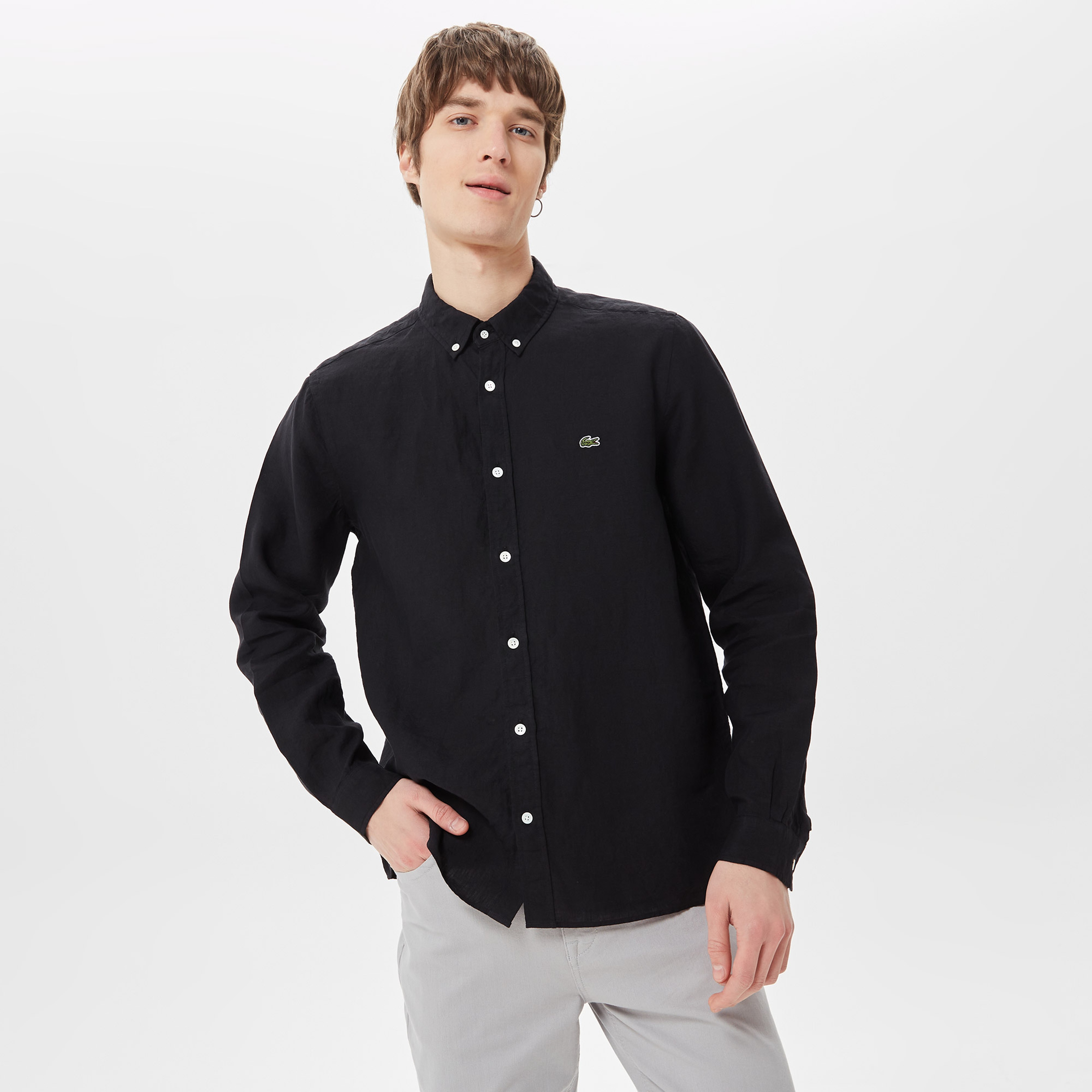 Erkek Regular Fit Düğmeli Yaka Keten Siyah Gömlek