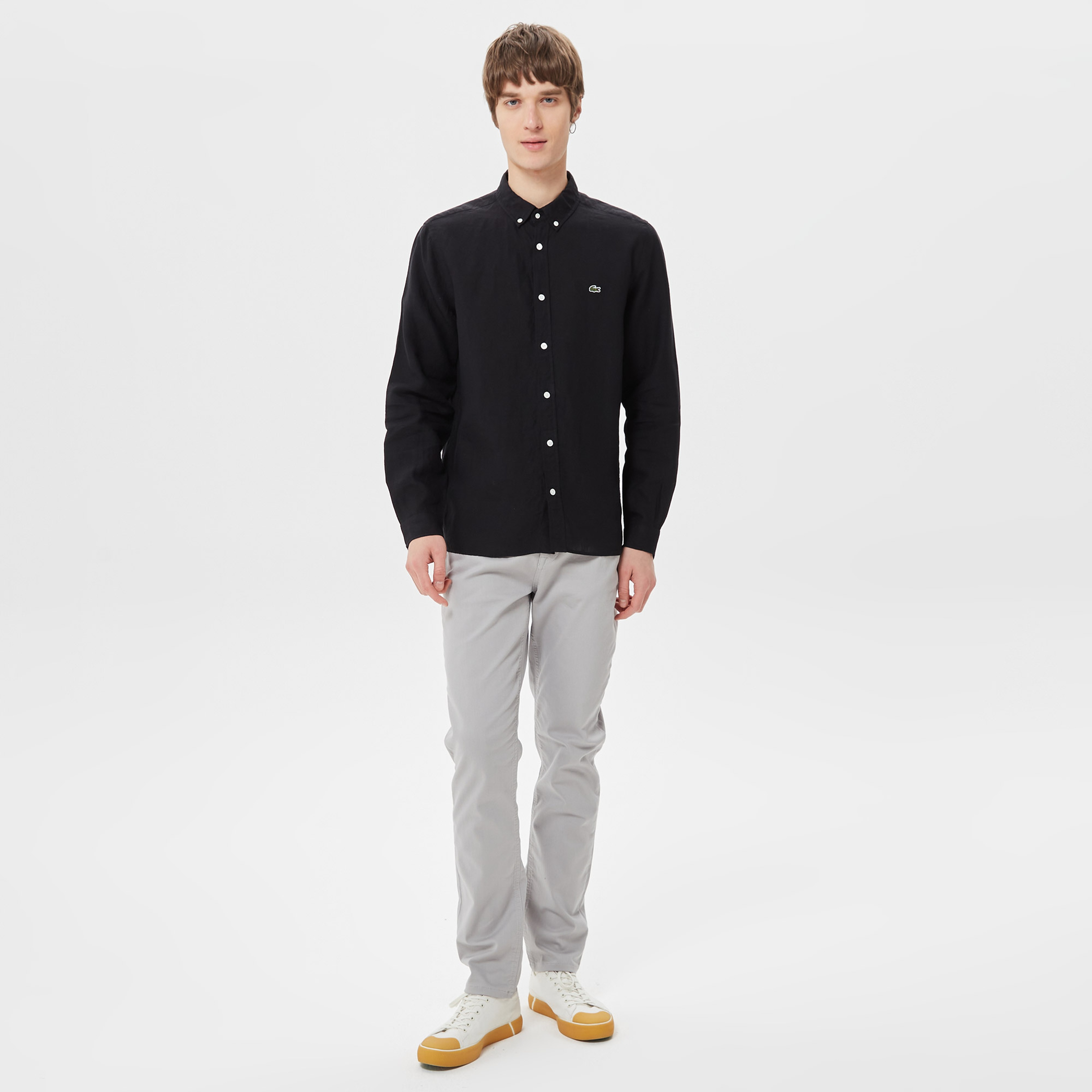 Erkek Regular Fit Düğmeli Yaka Keten Siyah Gömlek