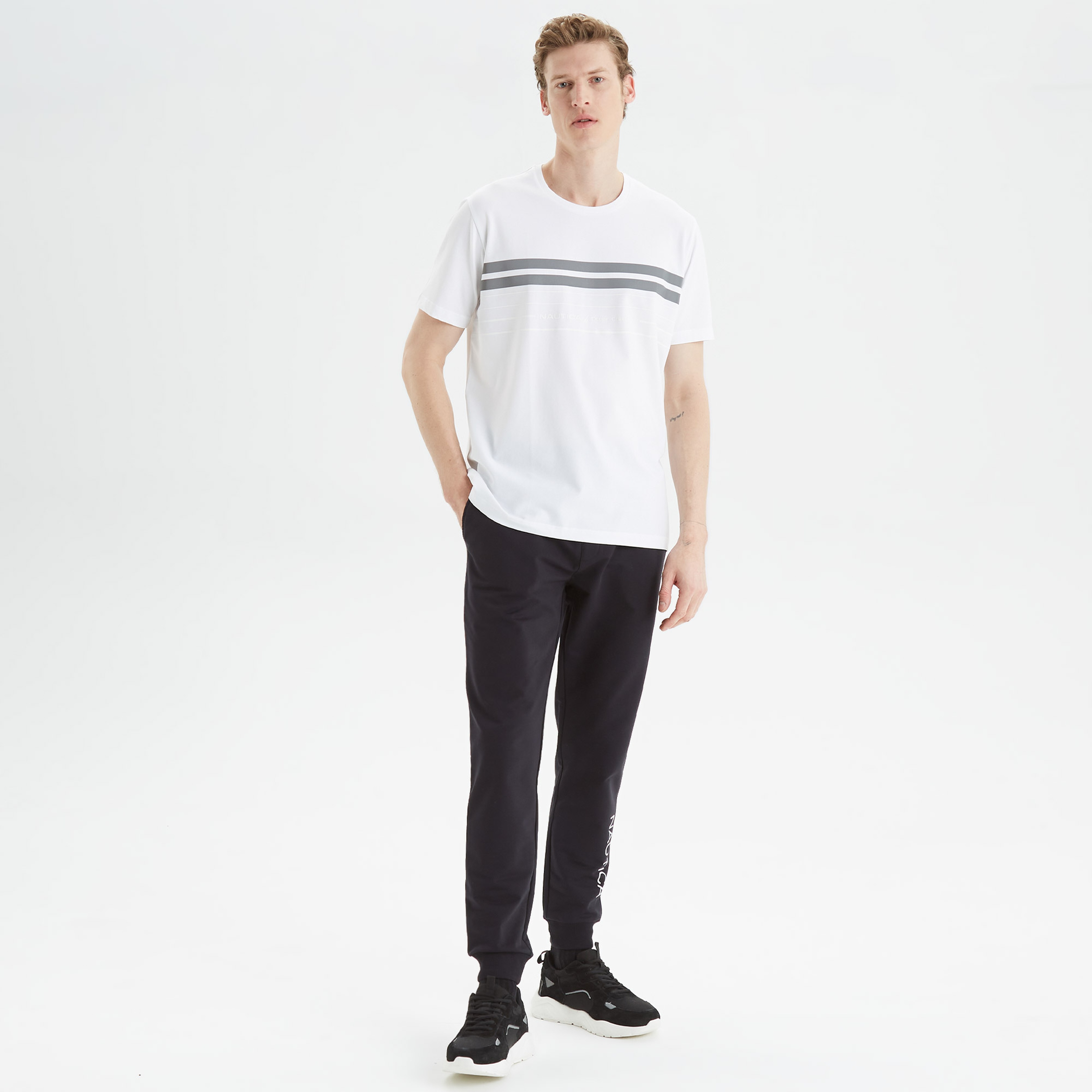 Nautica Erkek Beyaz Standart Fit Çizgili T-Shirt