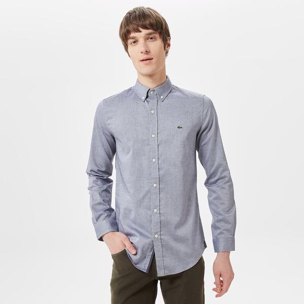 Erkek Slim Fit Düğmeli Yaka Lacivert Gömlek