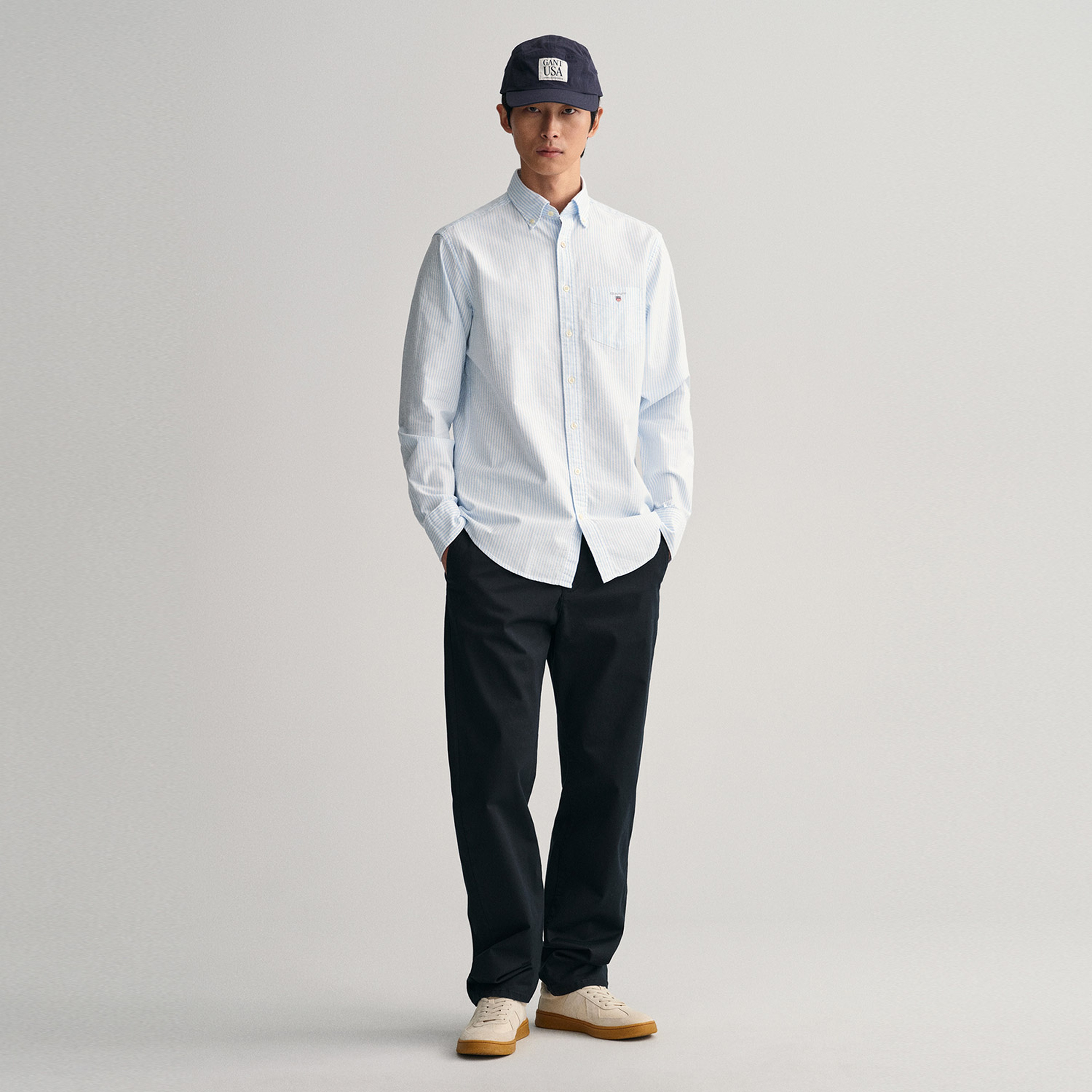 Gant Erkek Mavi Regular Fit Düğmeli Yaka Çizgili Gömlek