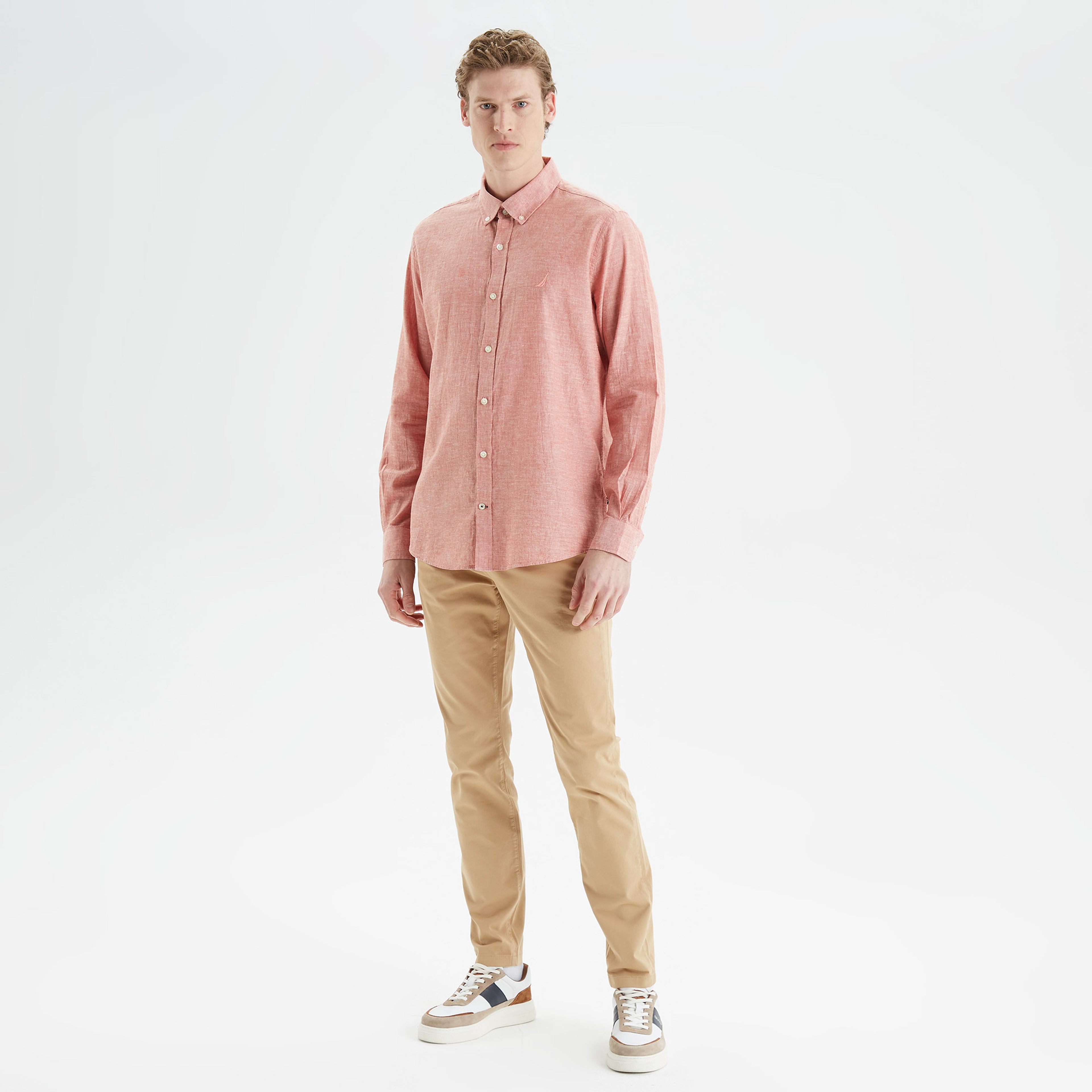 Nautica Erkek Bordo Slim Fit Uzun Kollu Keten Gömlek