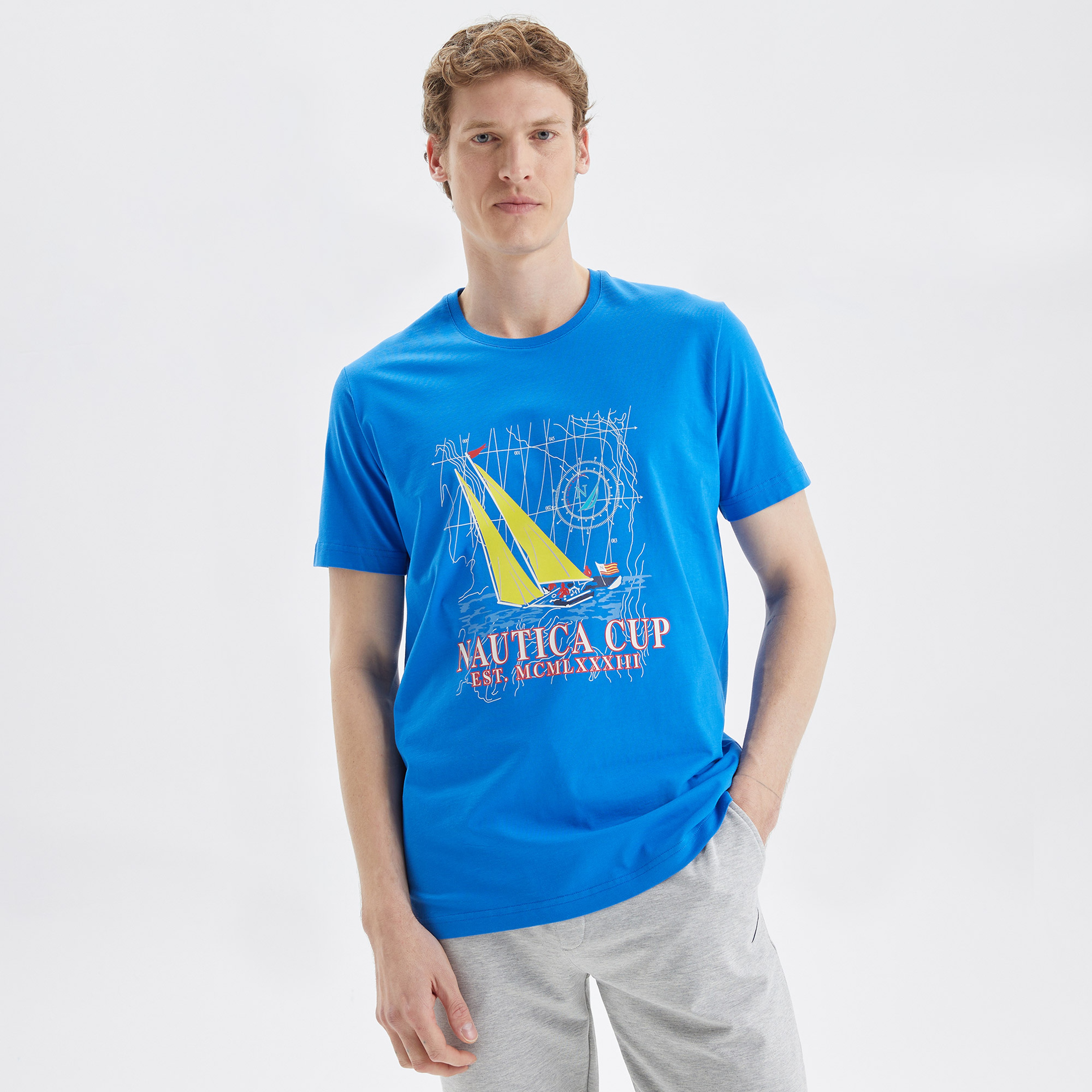 Nautica Erkek Mavi Baskılı Standart Fit T-Shirt