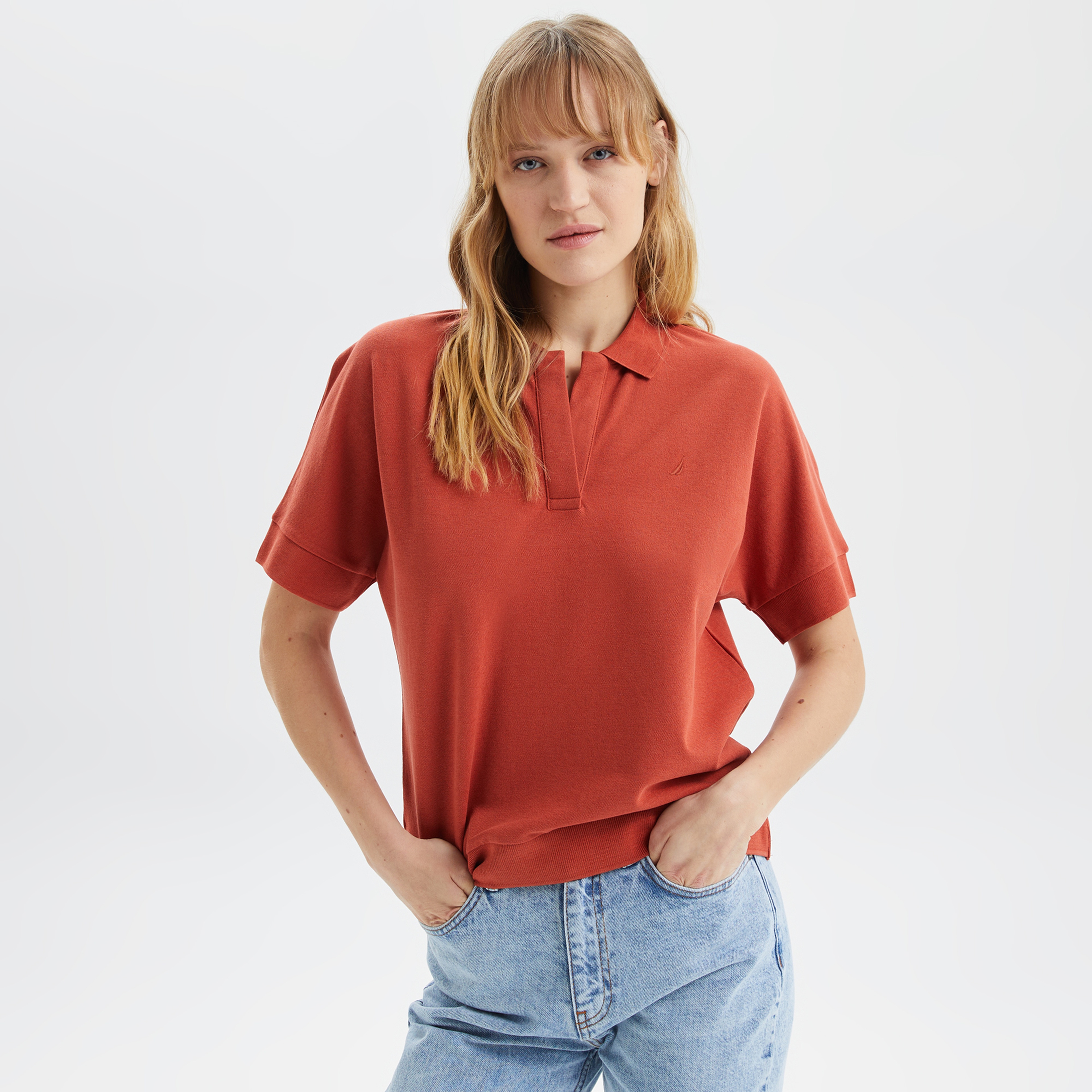 Nautica Kadın Kiremit Rengi Oversize Kısa Kollu Polo