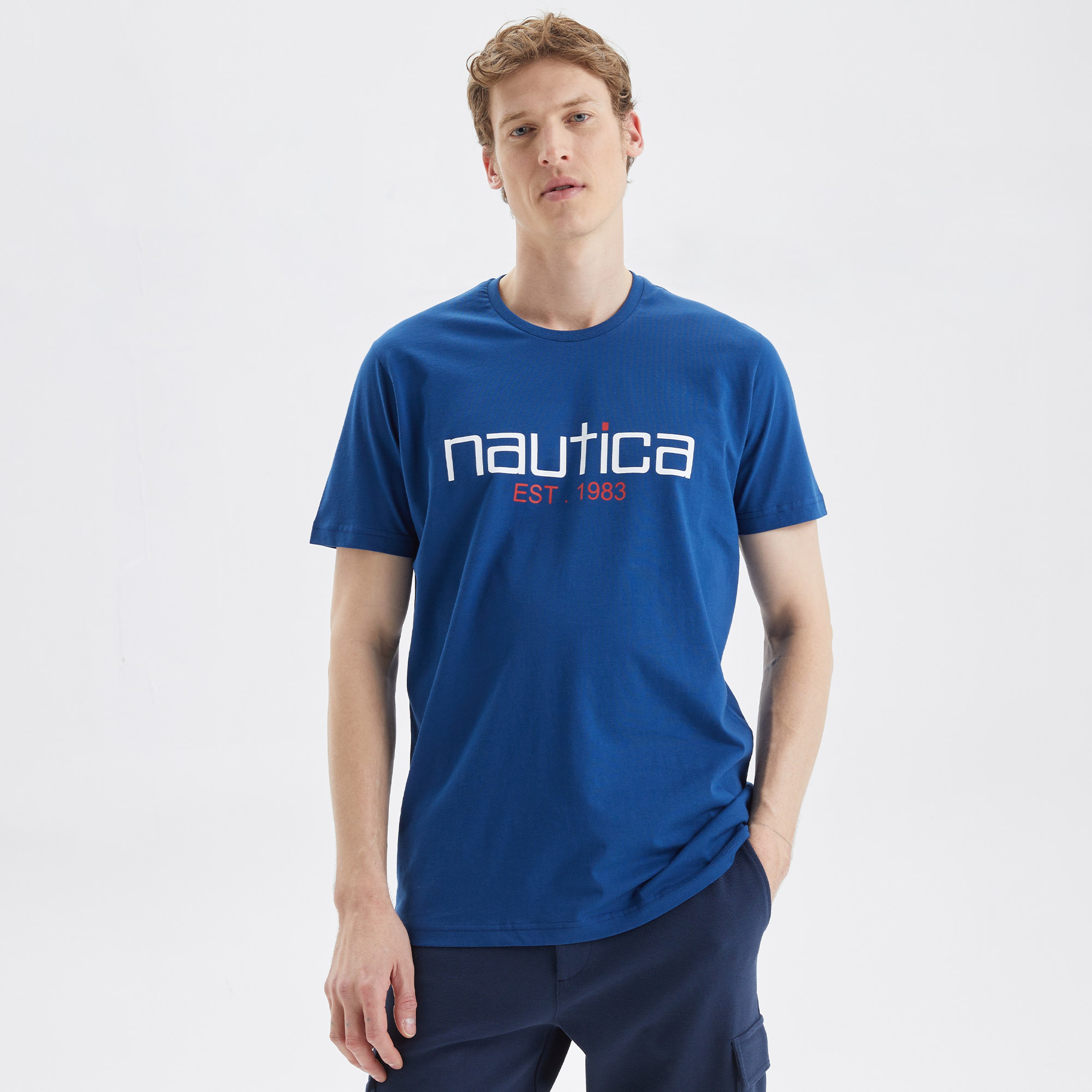 Nautica Erkek Mavi Desenli Standart Fit T-Shirt