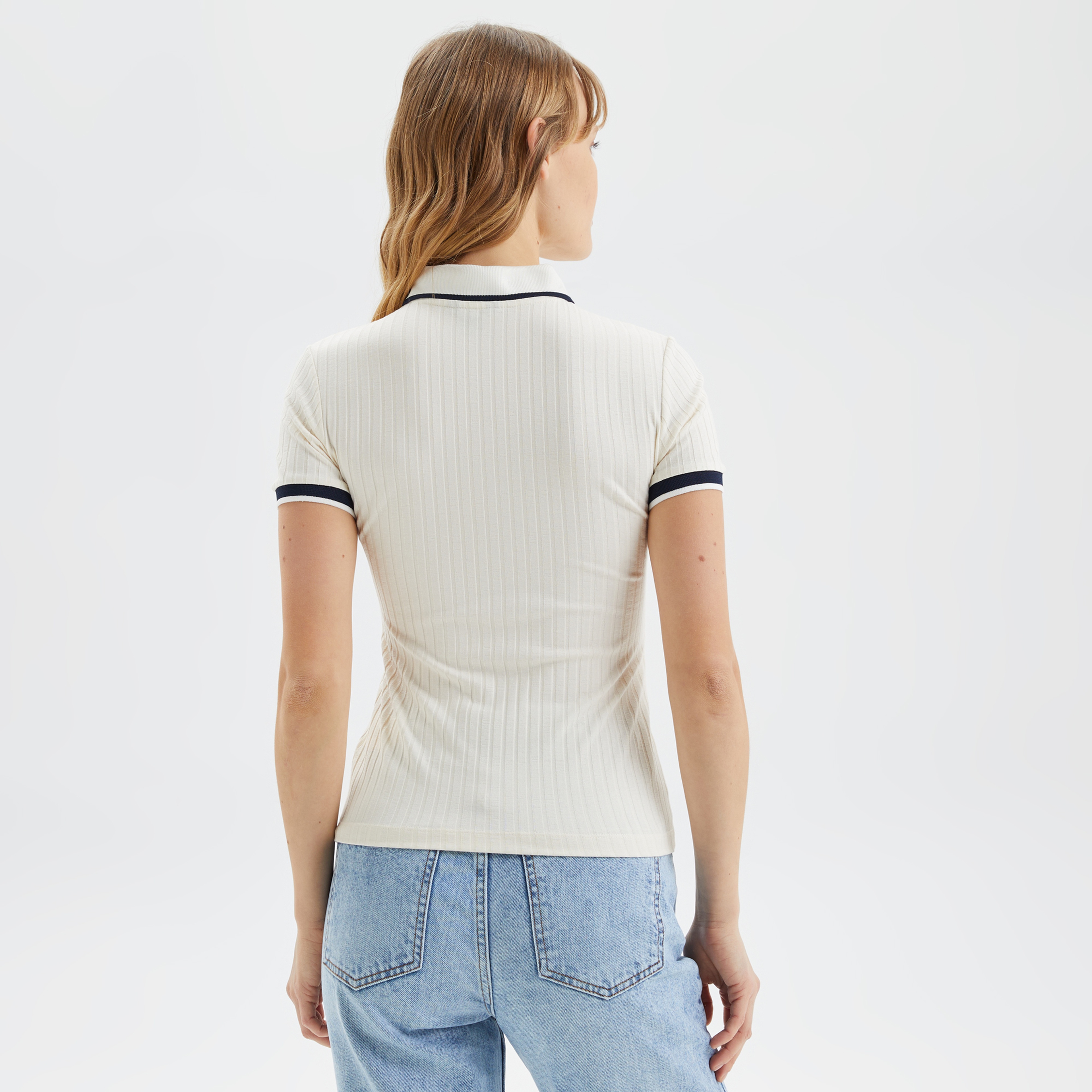 Nautica Kadın Ekru Regular Fit Çizgili Polo