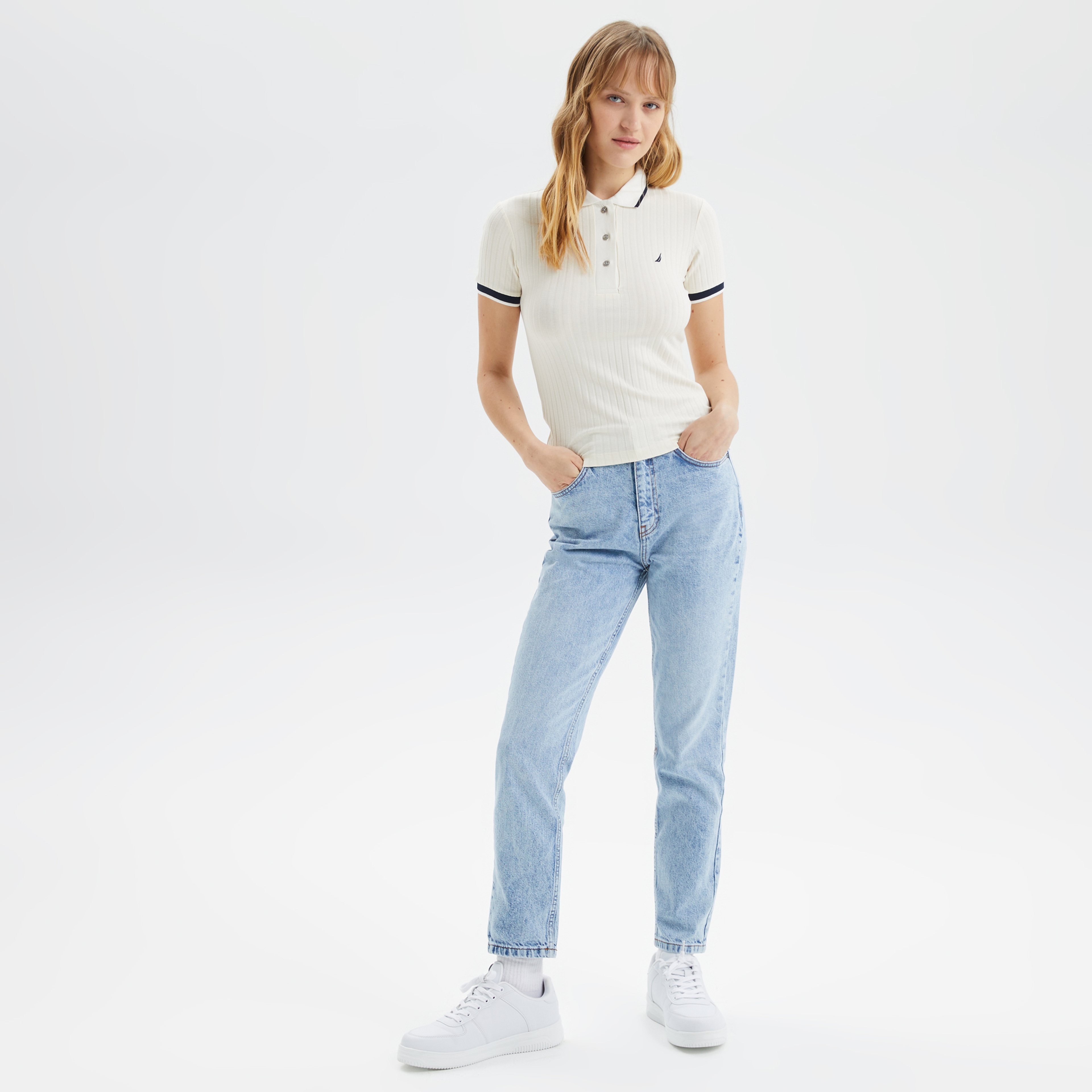 Nautica Kadın Ekru Regular Fit Çizgili Polo
