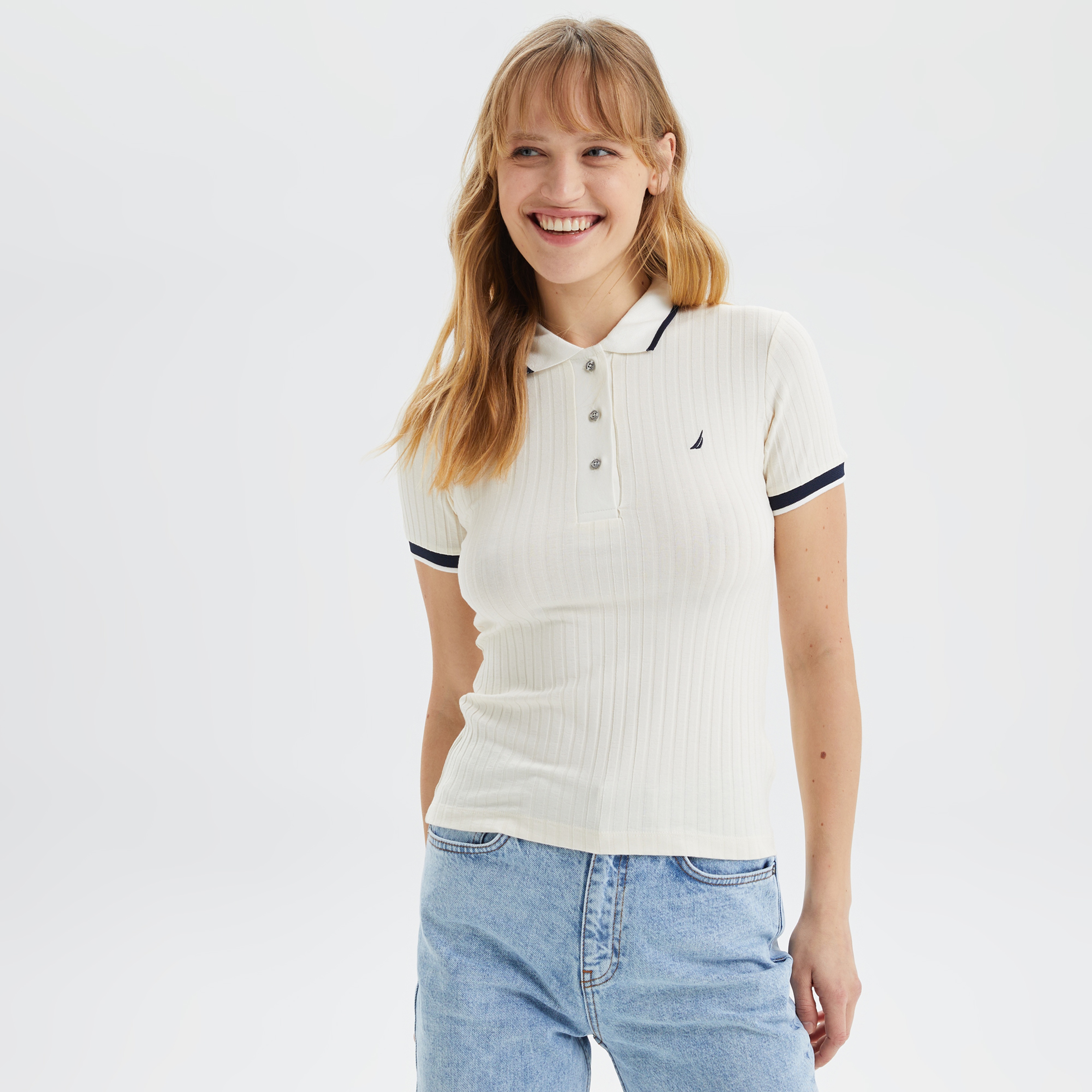 Nautica Kadın Ekru Regular Fit Çizgili Polo