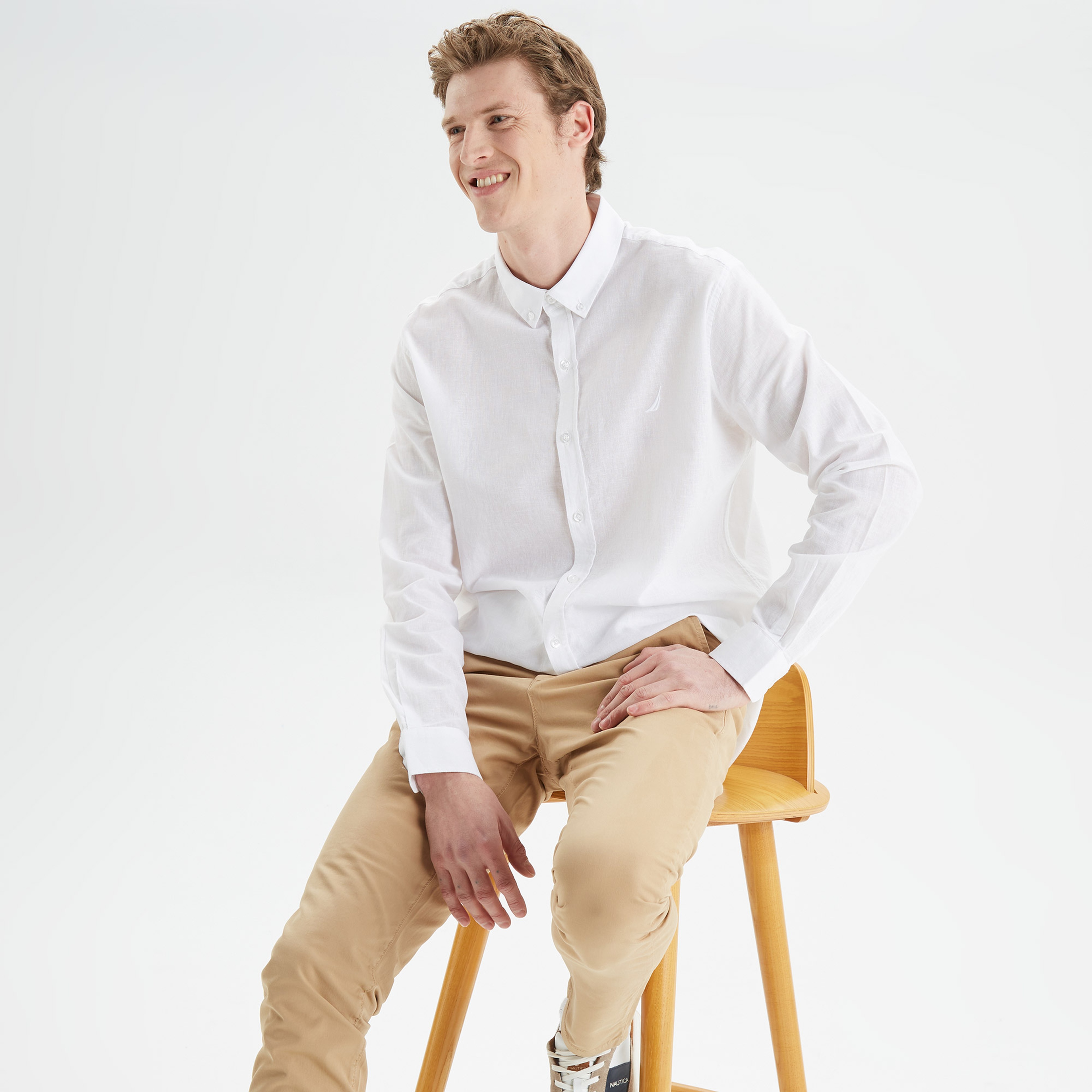 Nautica Erkek Beyaz Slim Fit Uzun Kollu Keten Gömlek