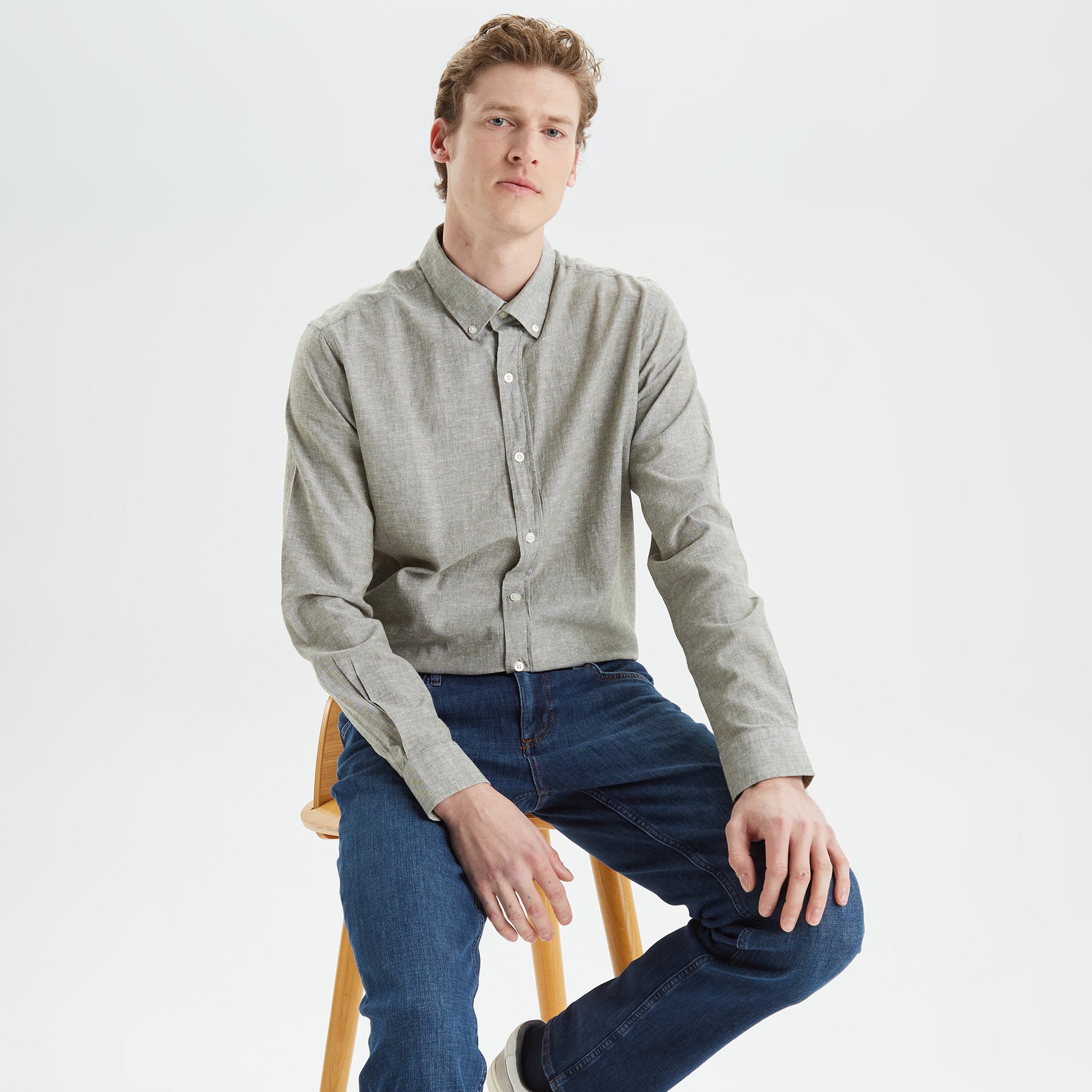 Nautica Erkek Yeşil Slim Fit Uzun Kollu Keten Gömlek