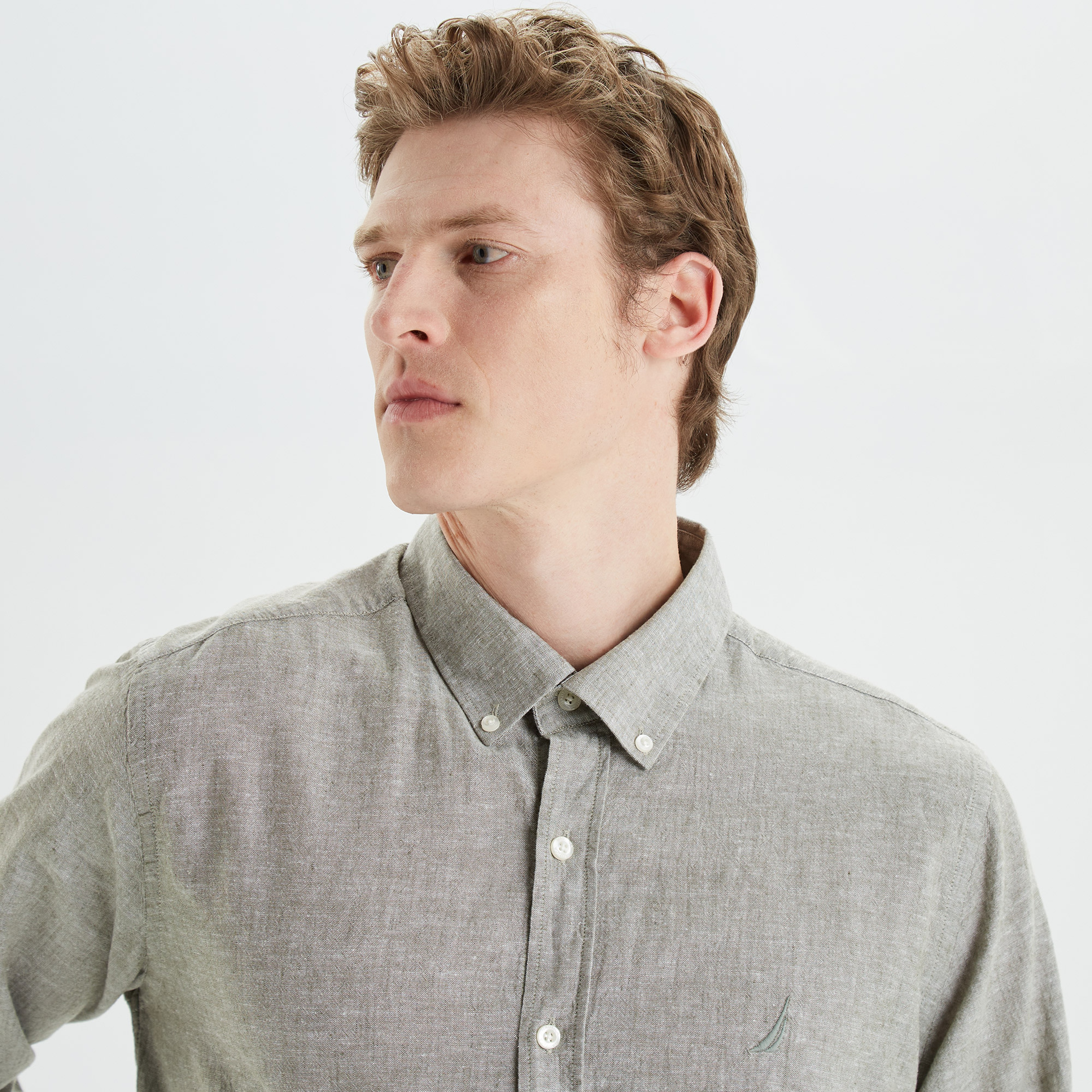 Nautica Erkek Yeşil Slim Fit Uzun Kollu Keten Gömlek