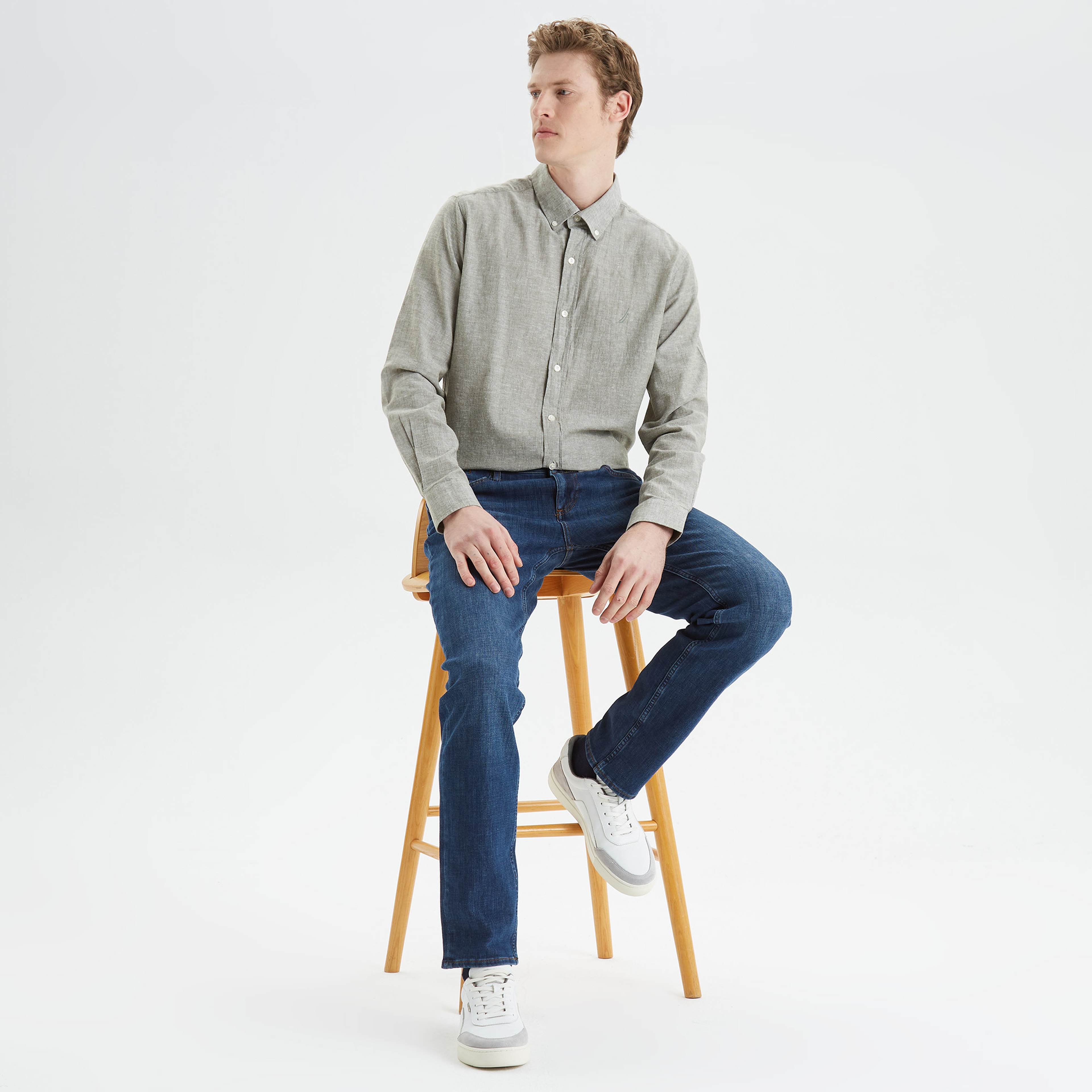 Nautica Erkek Yeşil Slim Fit Uzun Kollu Keten Gömlek