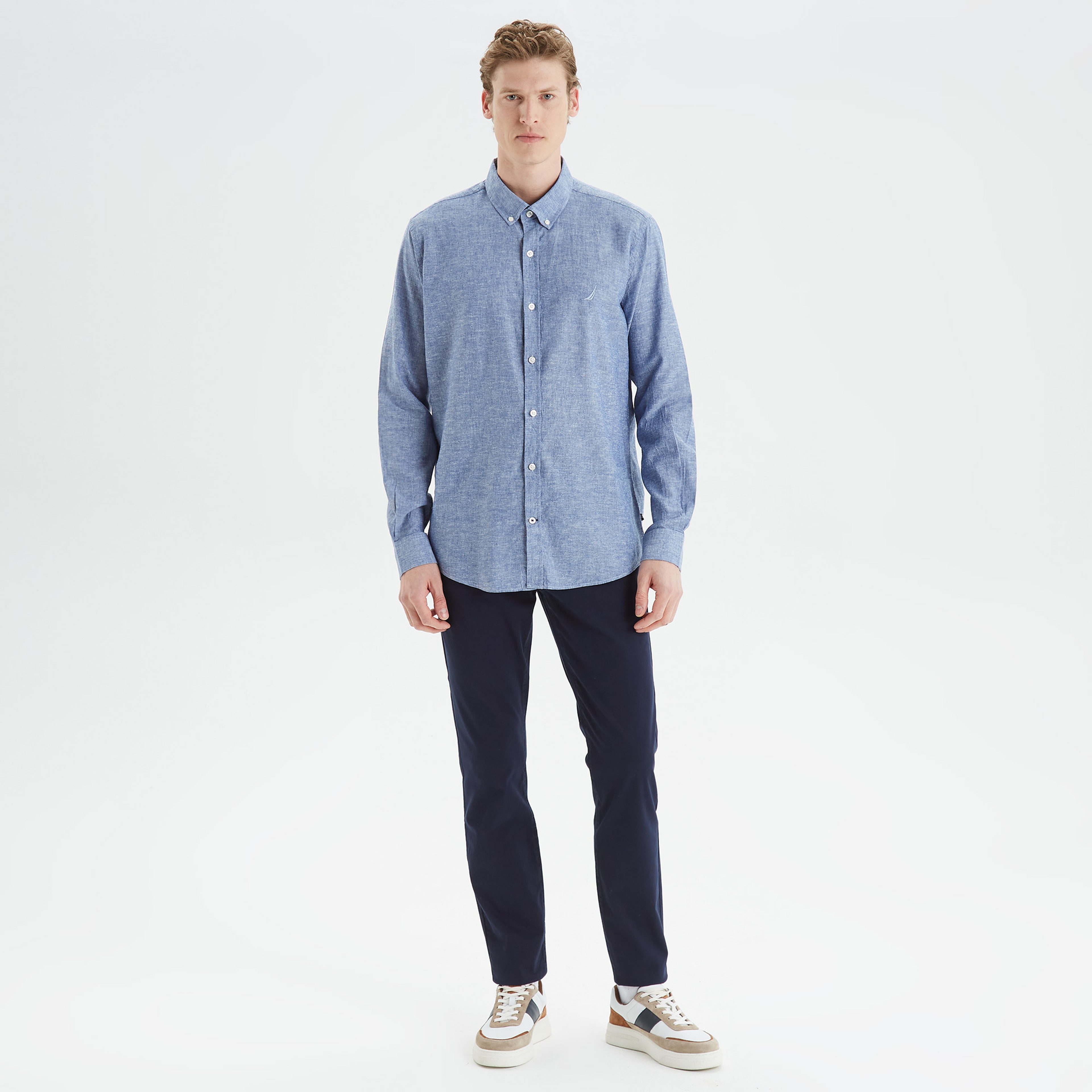 Nautica Erkek Mavi Slim Fit Uzun Kollu Keten Gömlek