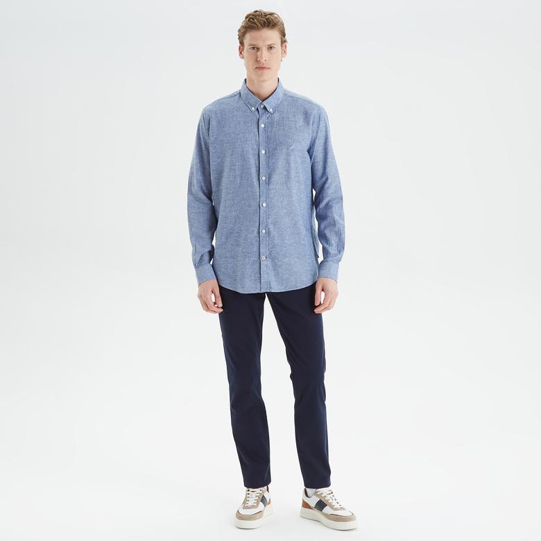Nautica Erkek Mavi Slim Fit Uzun Kollu Keten Gömlek