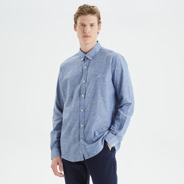 Nautica Erkek Mavi Slim Fit Uzun Kollu Keten Gömlek
