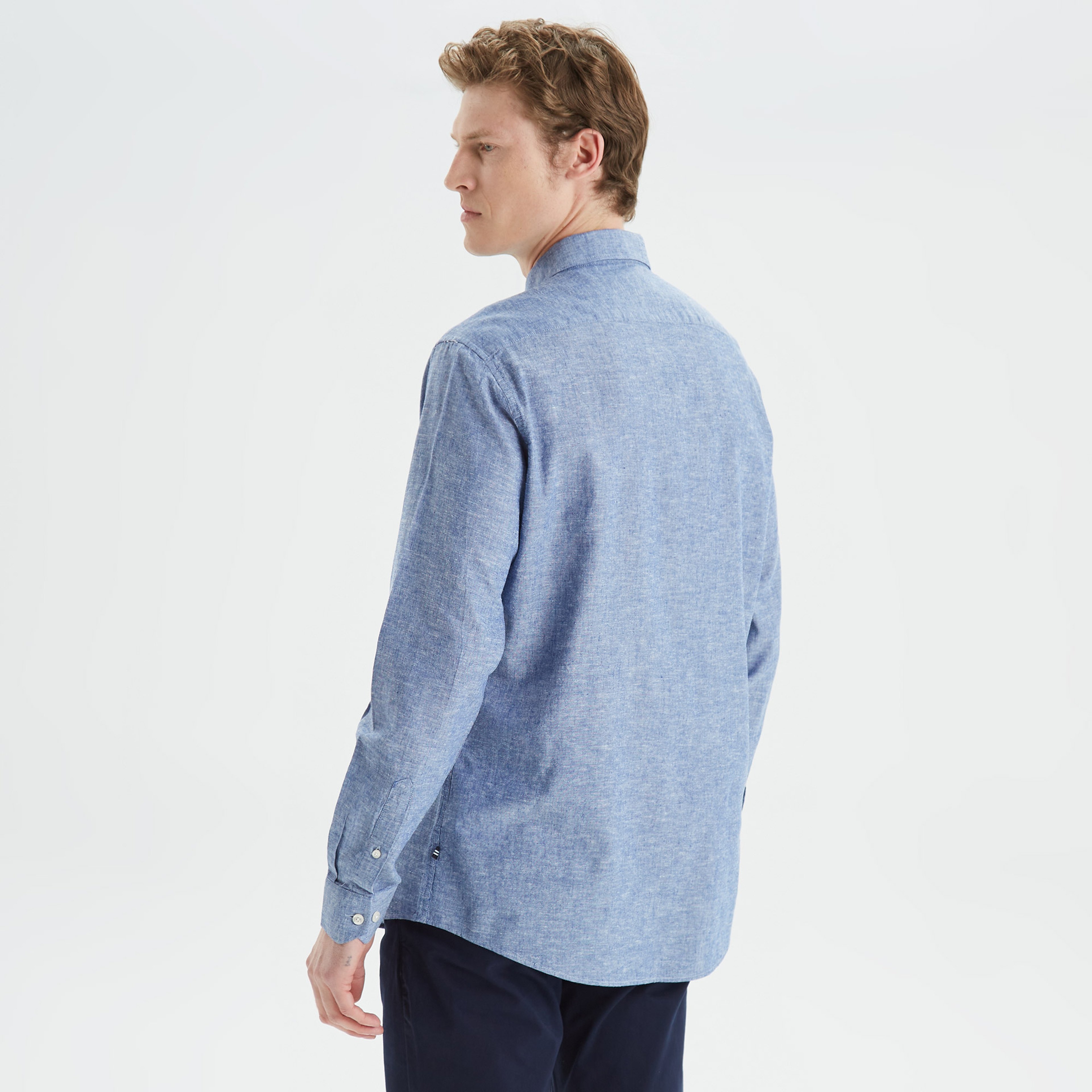 Nautica Erkek Mavi Slim Fit Uzun Kollu Keten Gömlek