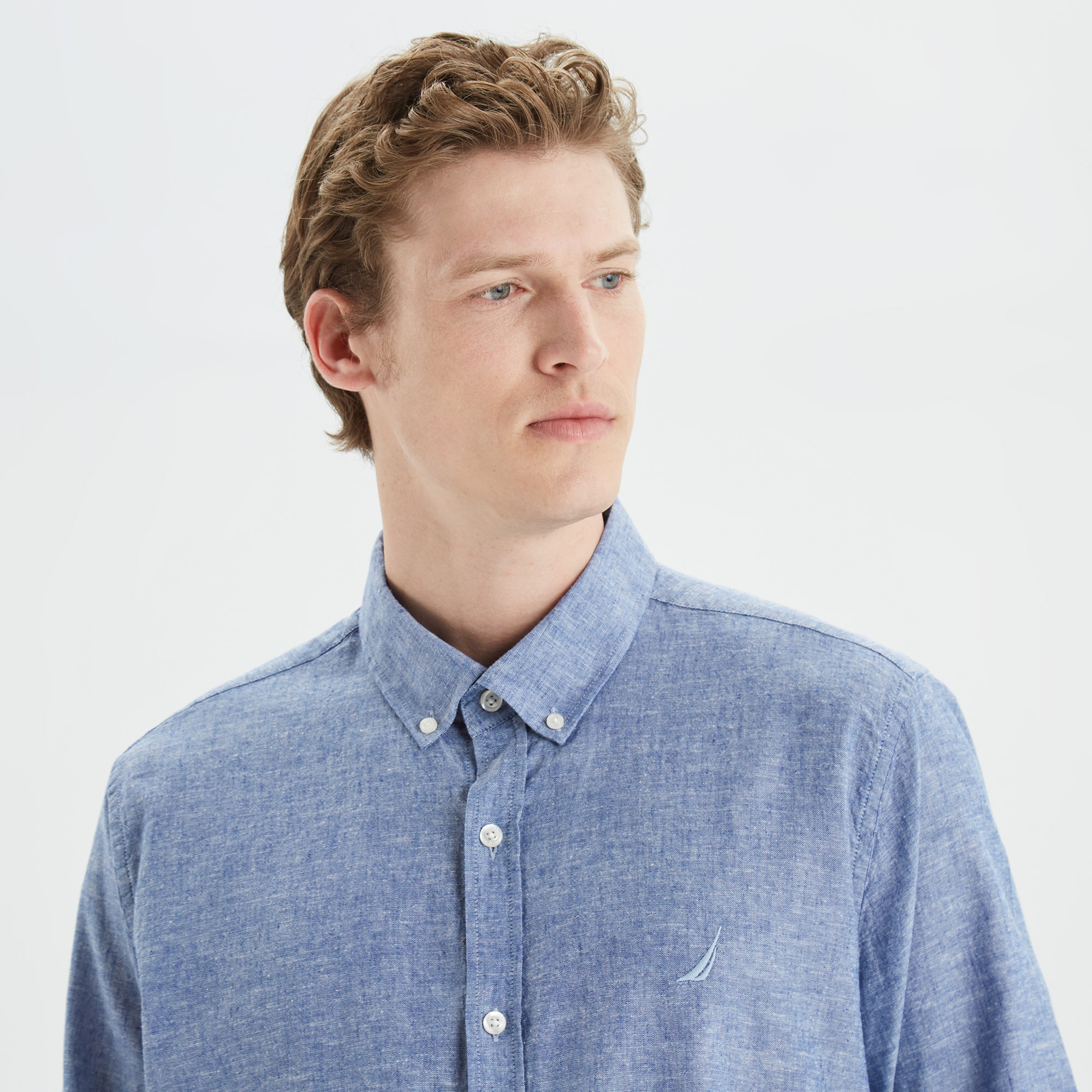 Nautica Erkek Mavi Slim Fit Uzun Kollu Keten Gömlek