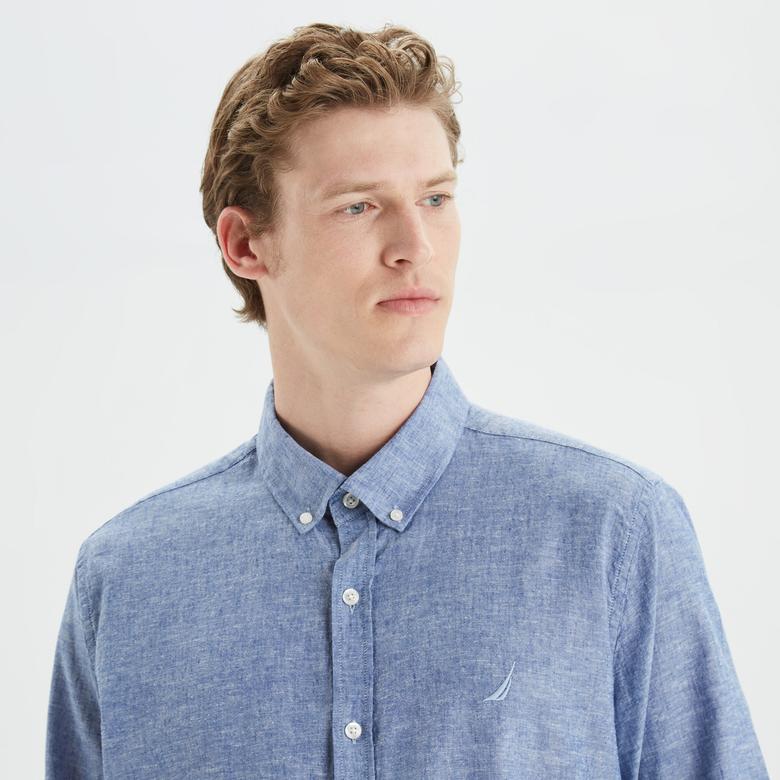 Nautica Erkek Mavi Slim Fit Uzun Kollu Keten Gömlek