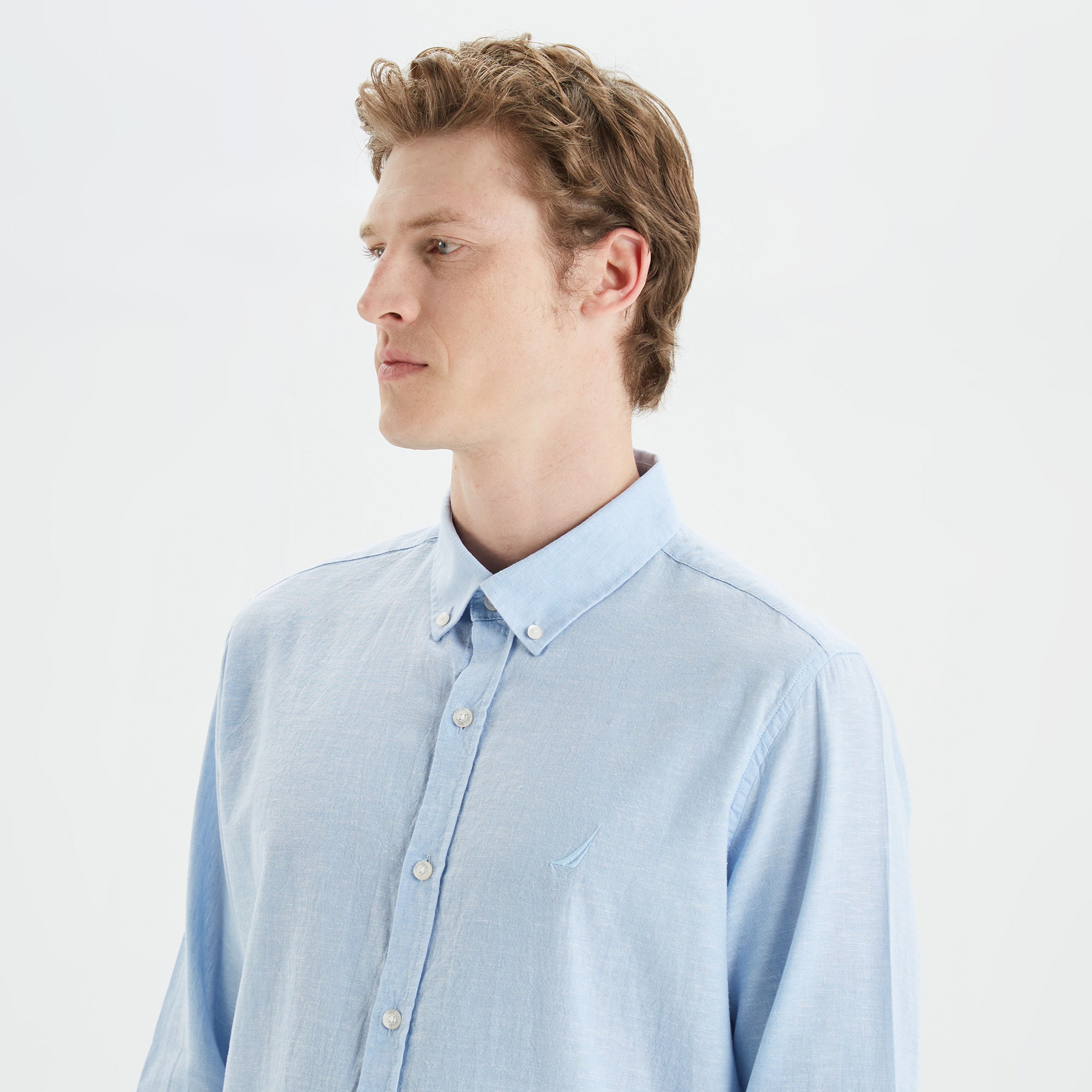 Nautica Erkek Mavi Slim Fit Uzun Kollu Keten Gömlek