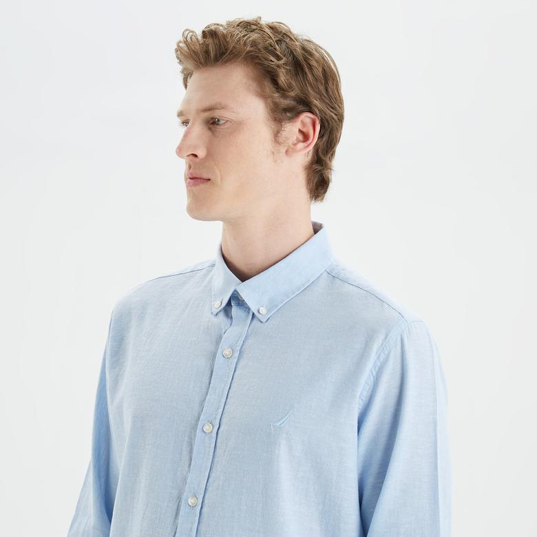 Nautica Erkek Mavi Slim Fit Uzun Kollu Keten Gömlek