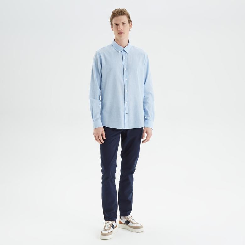 Nautica Erkek Mavi Slim Fit Uzun Kollu Keten Gömlek