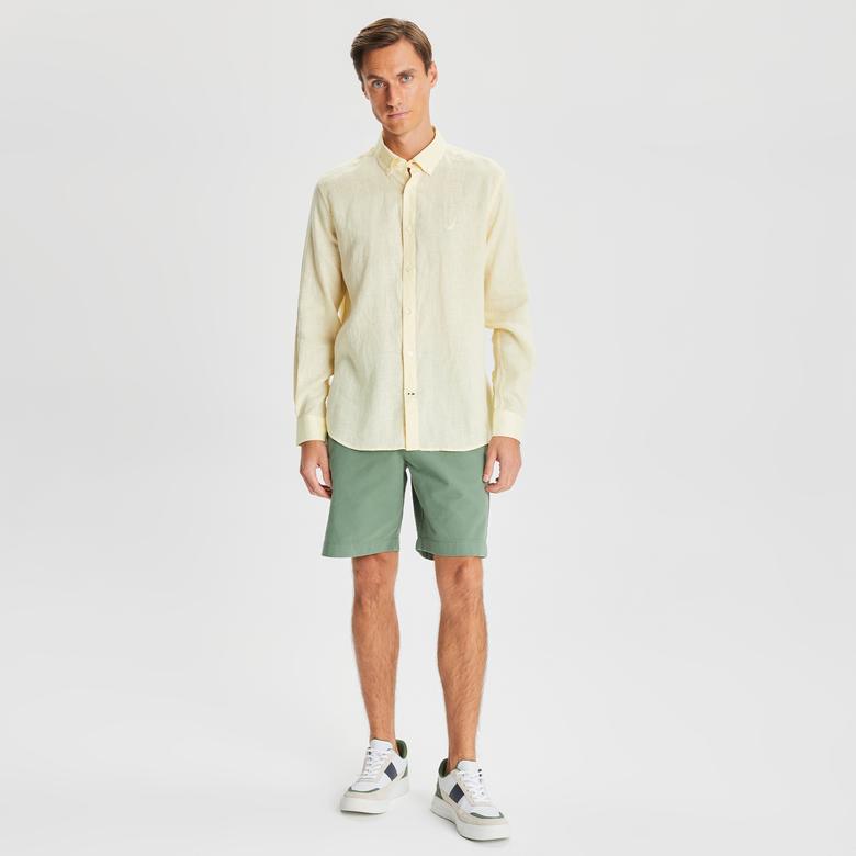 Nautica Erkek Sarı Classic Fit Uzun Kollu Keten Gömlek