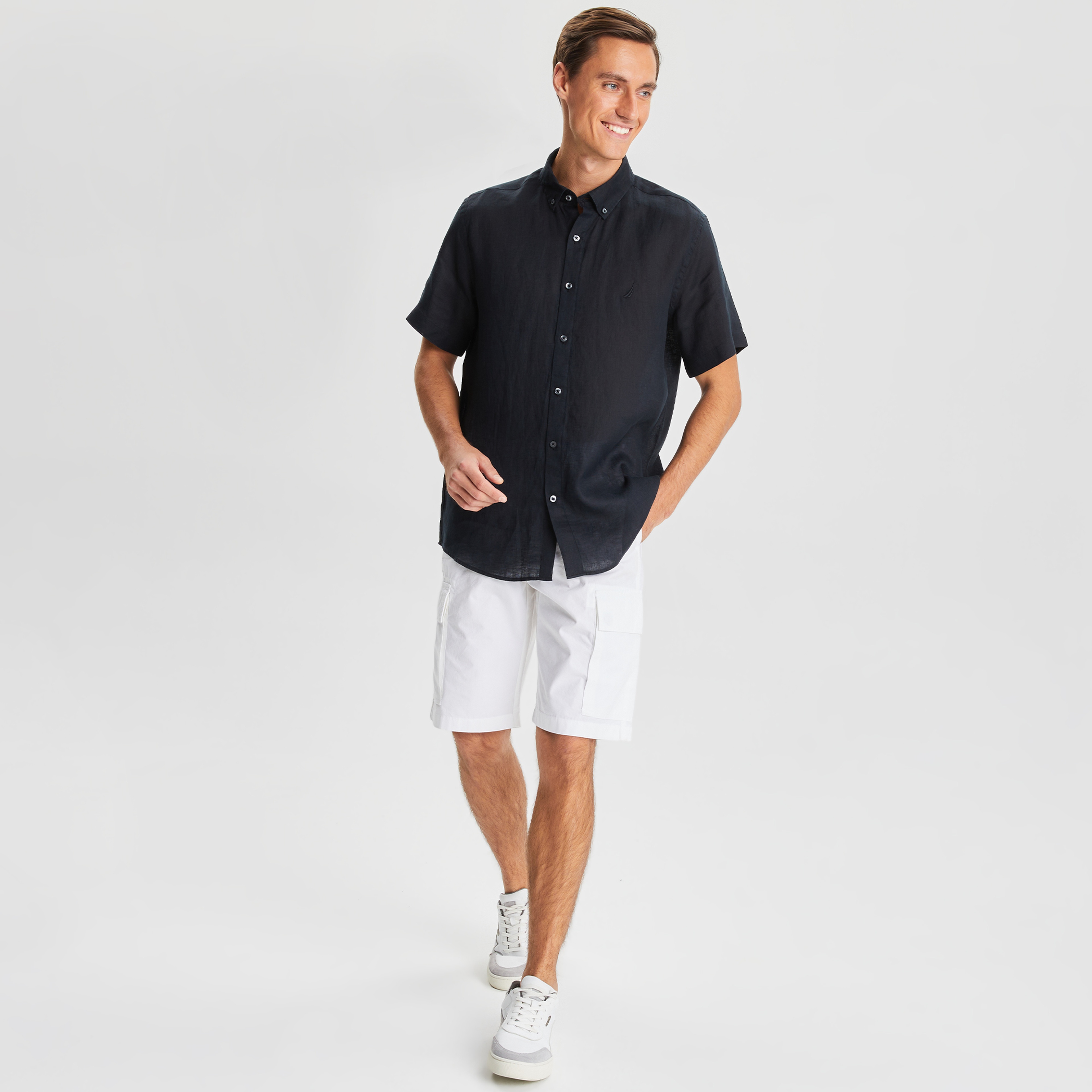 Nautica Erkek Siyah Classic Fit Kısa Kollu Keten Gömlek