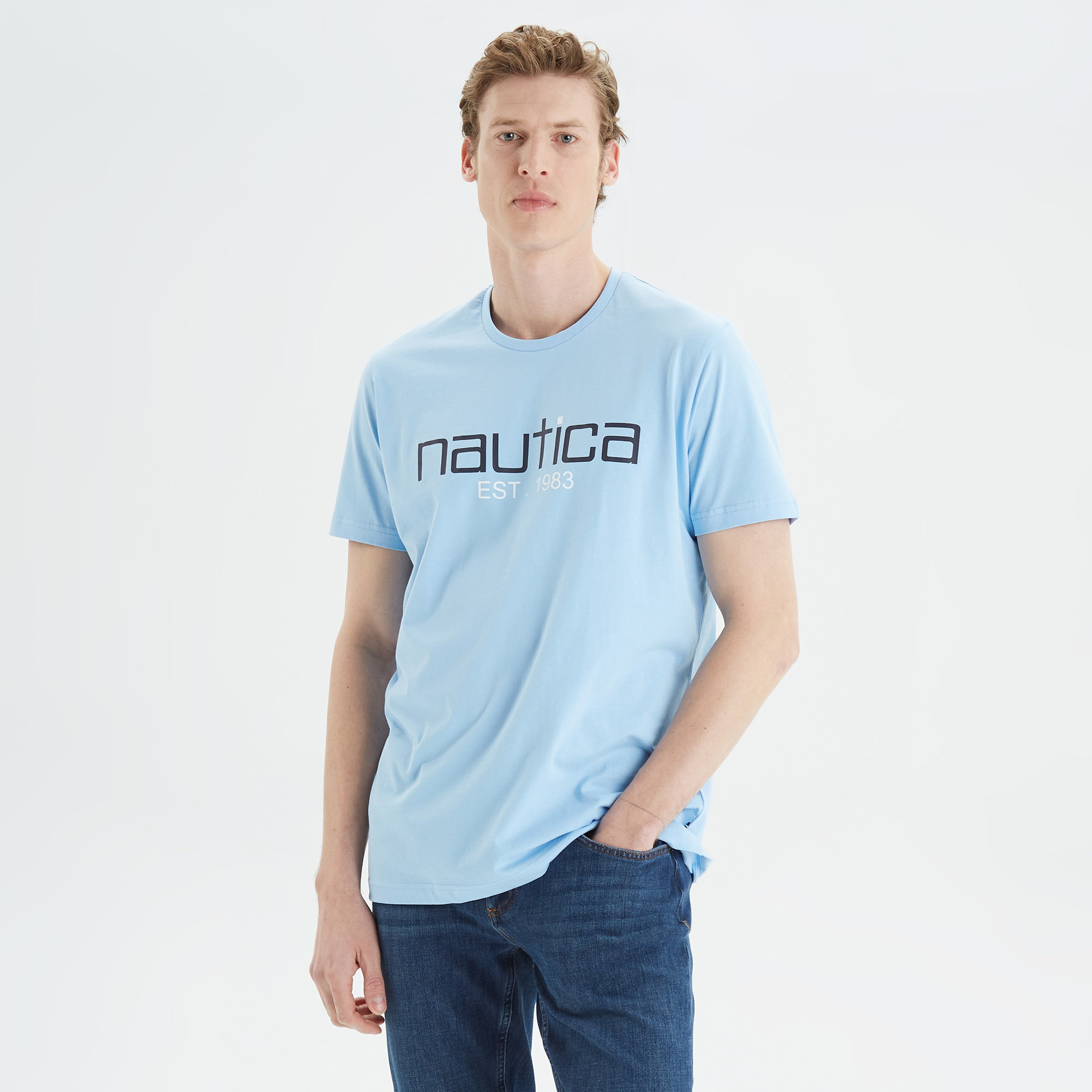 Nautica Erkek Mavi Standart Fit Desenli T-Shirt