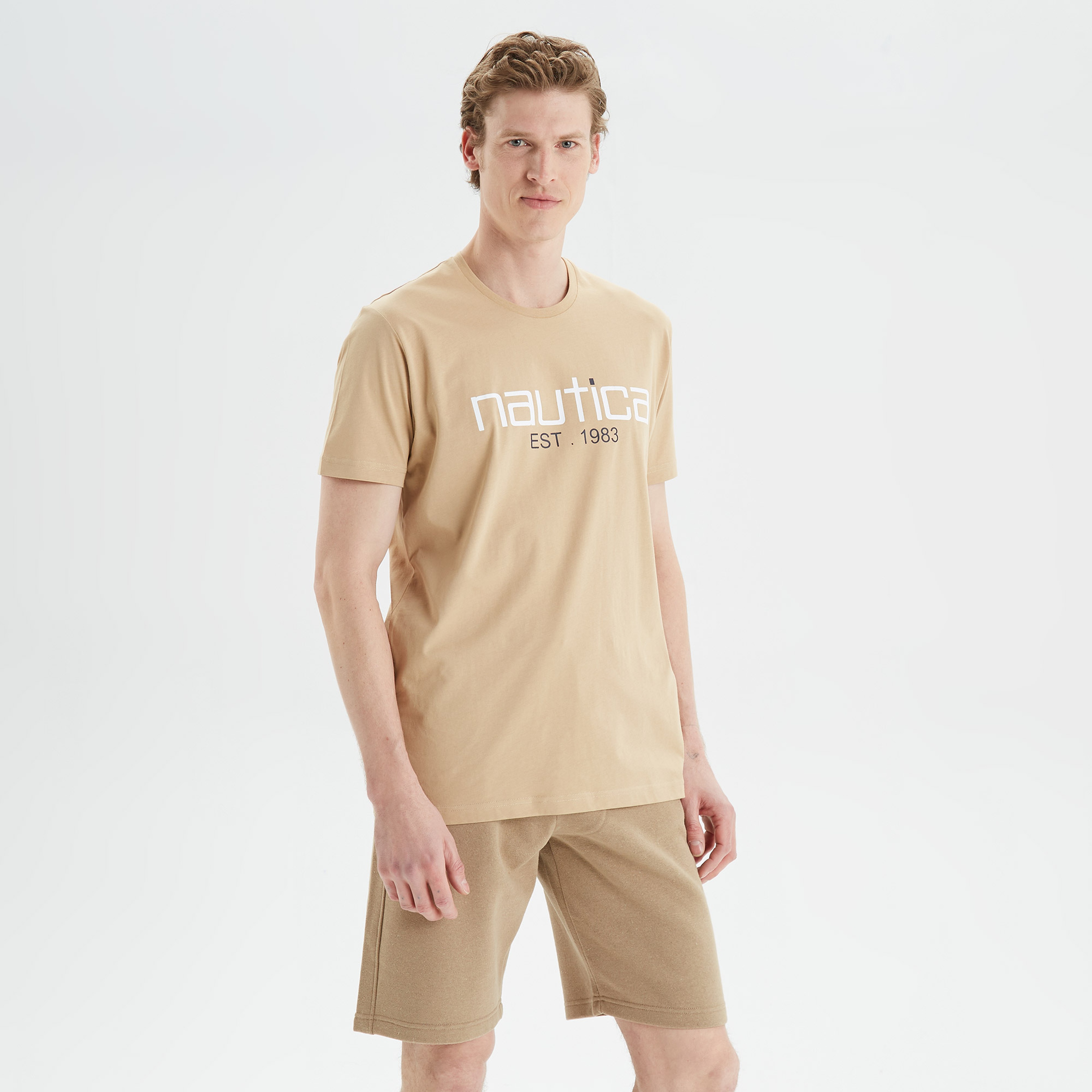 Nautica Erkek Bej Standart Fit Desenli T-Shirt