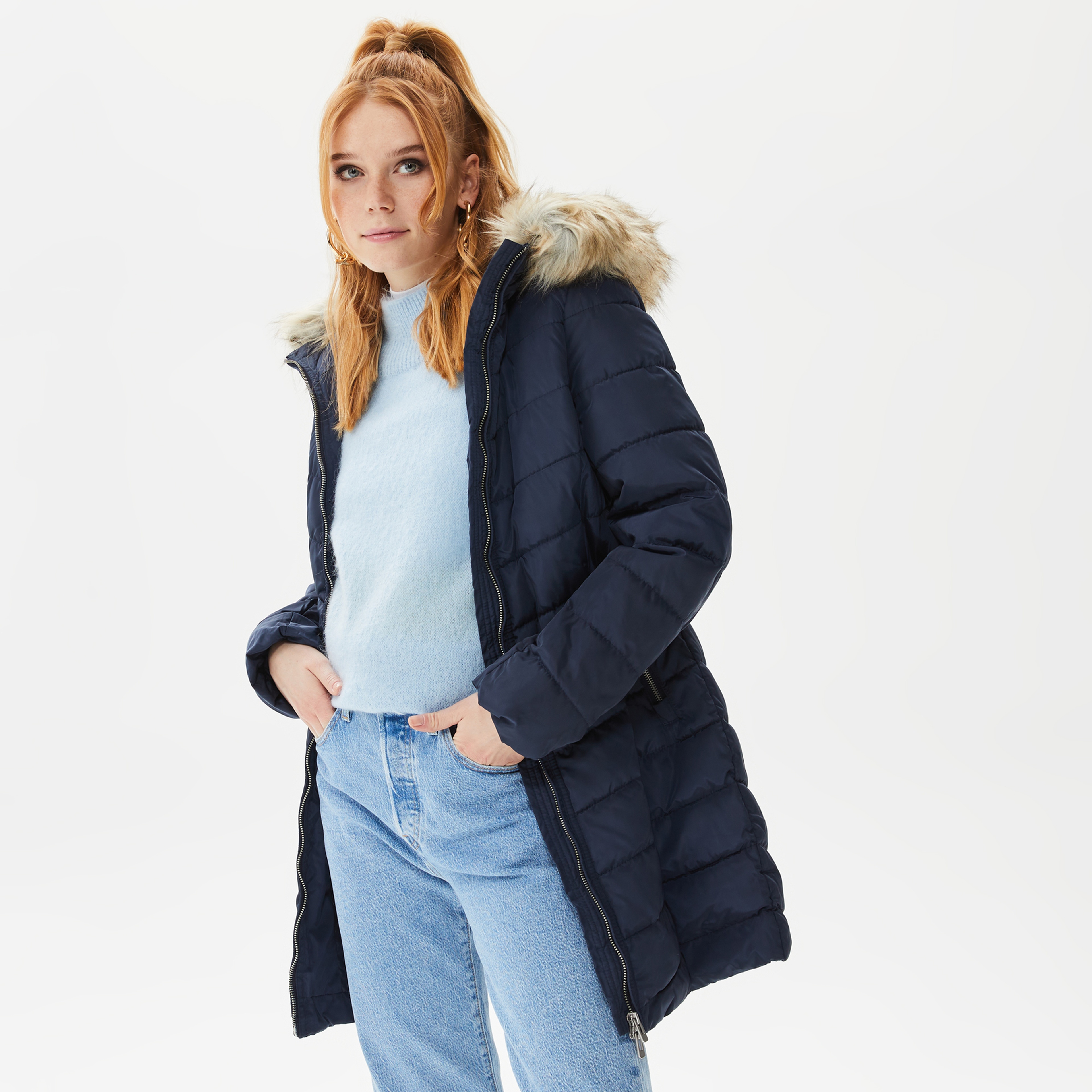 Only Onlnewellan Quilted Hood Fur Kadın Lacivert Mont