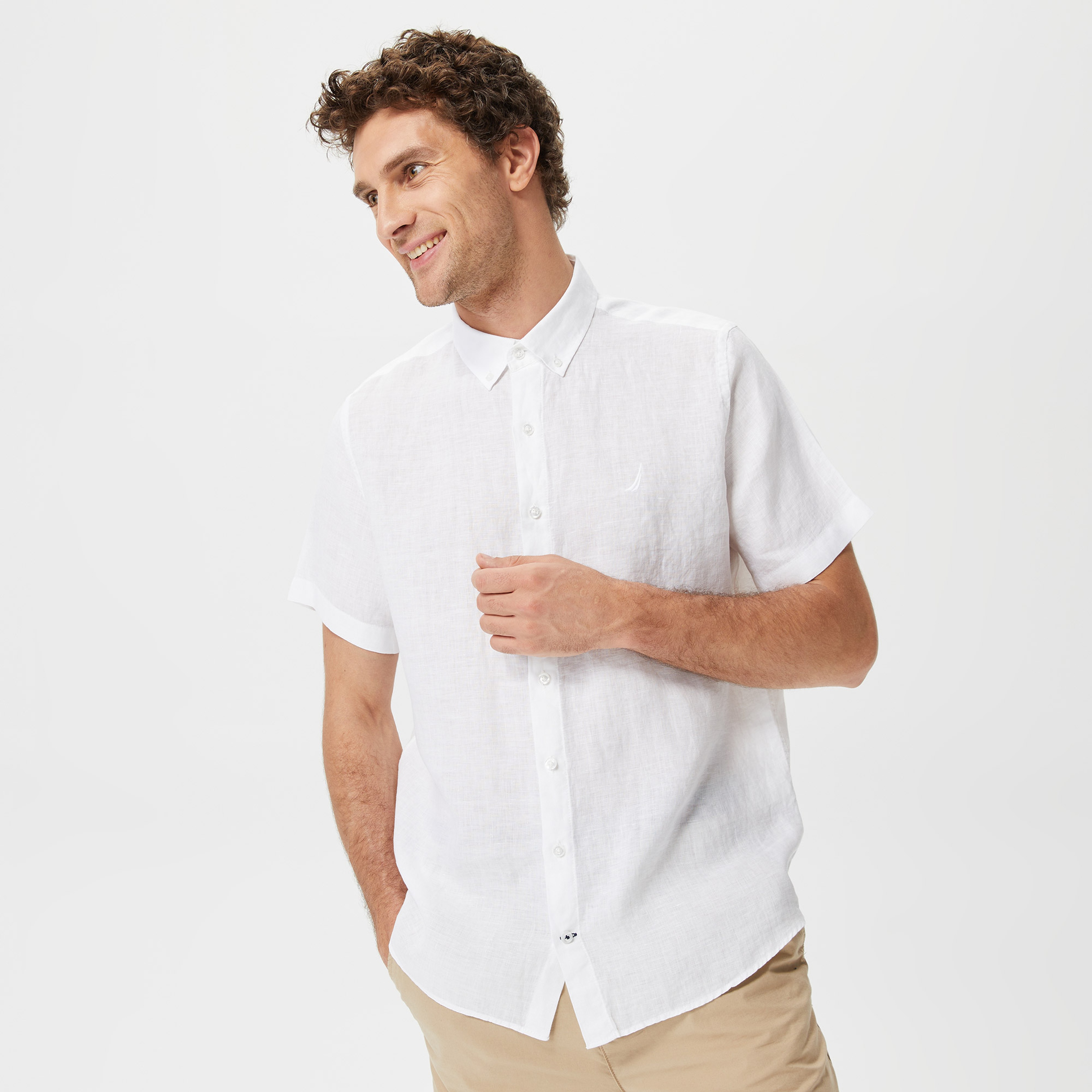 Nautica Erkek Beyaz Classic Fit Kısa Kollu Keten Gömlek