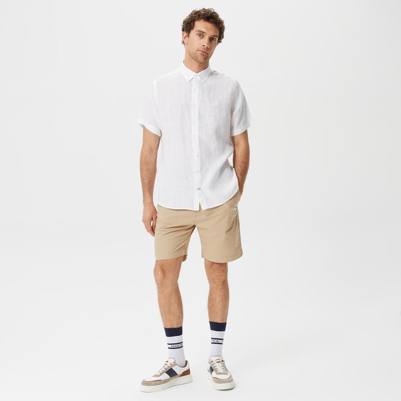 Nautica Erkek Beyaz Classic Fit Kısa Kollu Keten Gömlek