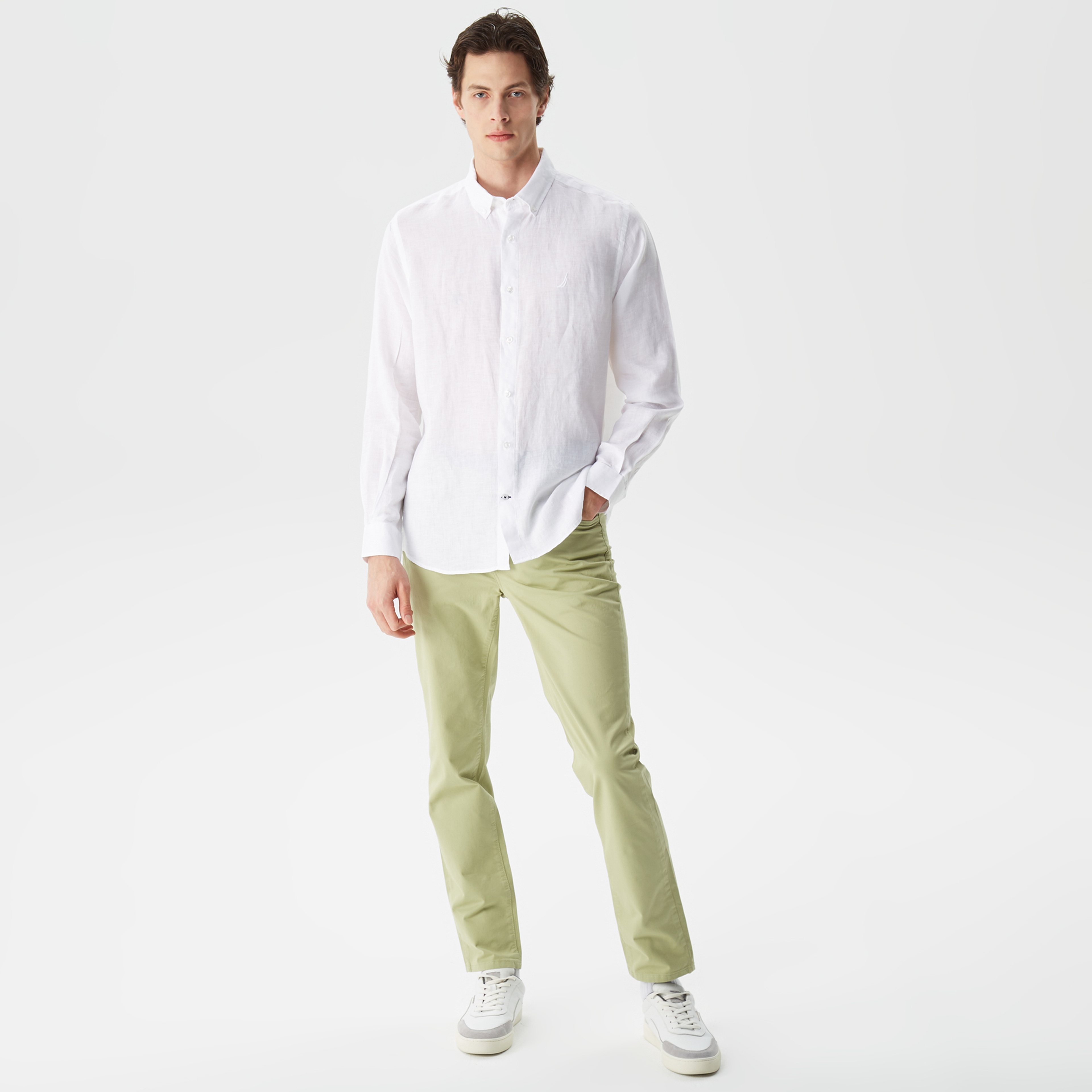 Nautica Erkek Beyaz Classic Fit Uzun Kollu Keten Gömlek