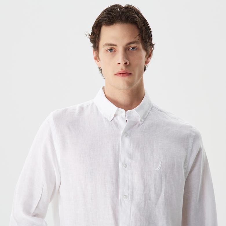 Nautica Erkek Beyaz Classic Fit Uzun Kollu Keten Gömlek