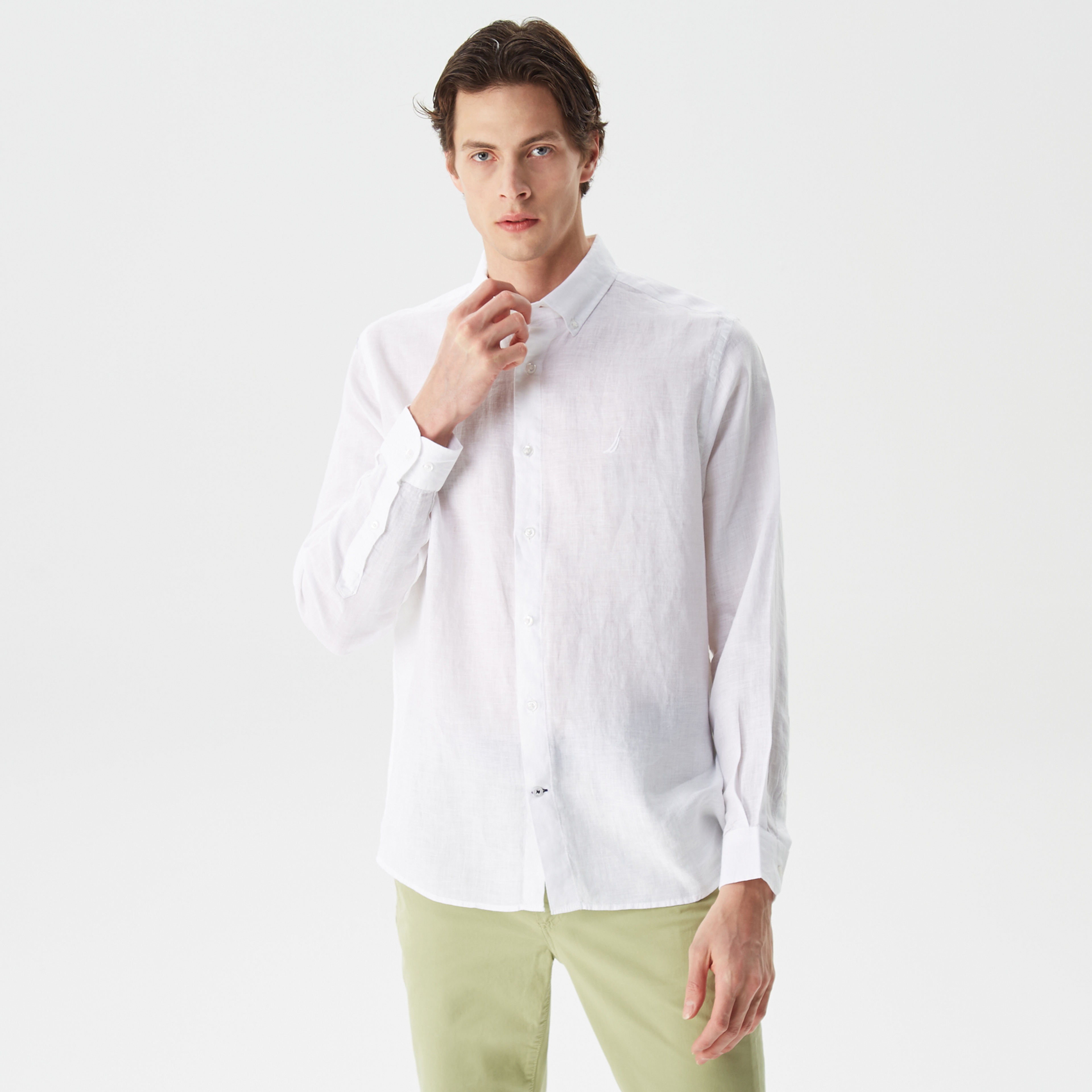 Nautica Erkek Beyaz Classic Fit Uzun Kollu Keten Gömlek